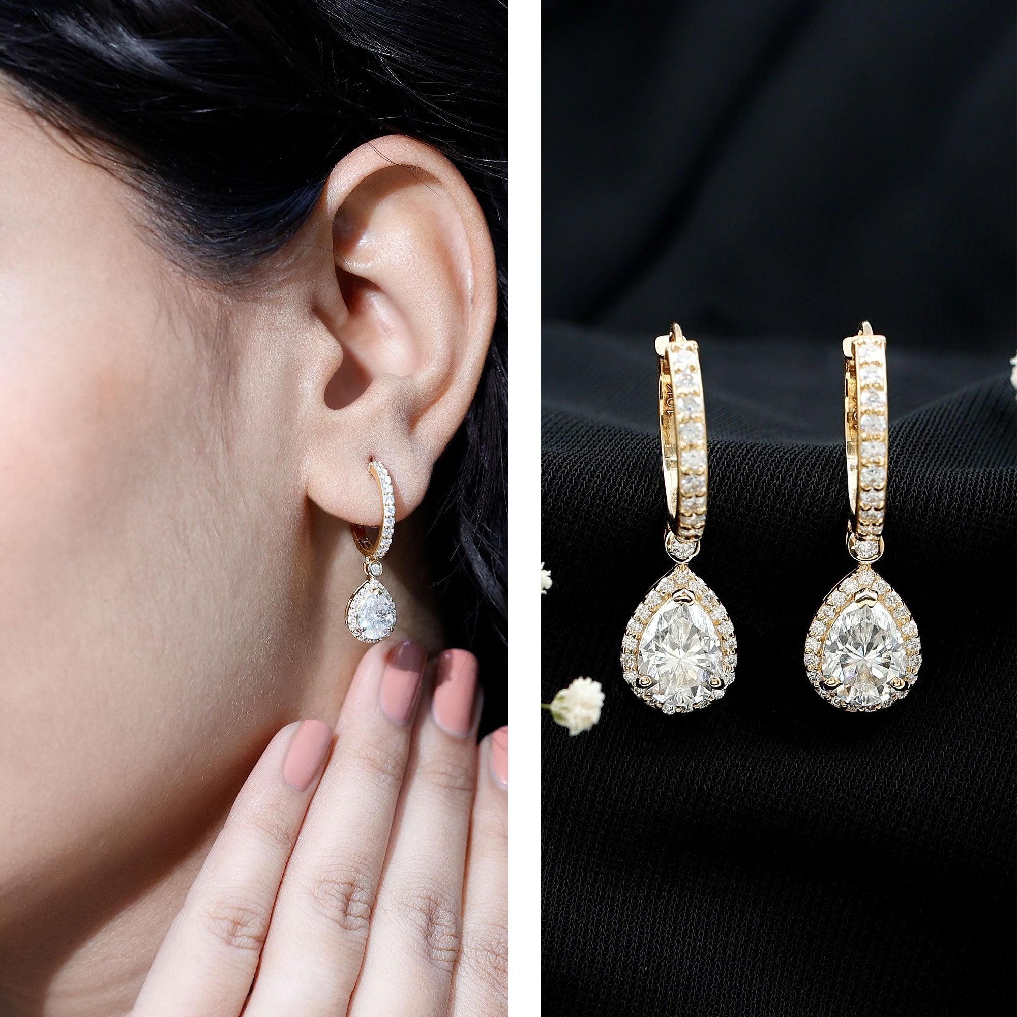 Certified Moissanite Teardrop Earrings with Hinged Hoop D-VS1 - Rosec Jewels