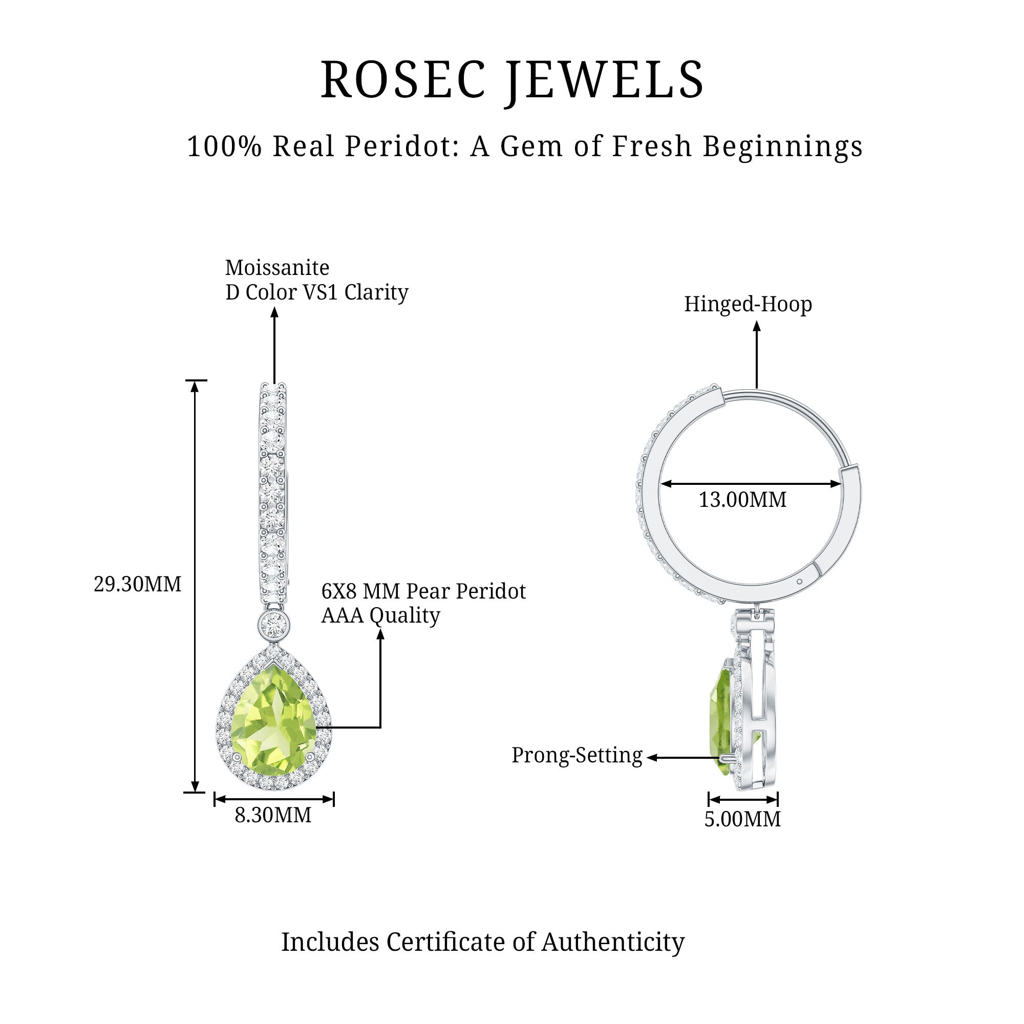 Classic 2 Carat Peridot Teardrop Earrings with Moissanite Hinged Hoop AAA - Rosec Jewels