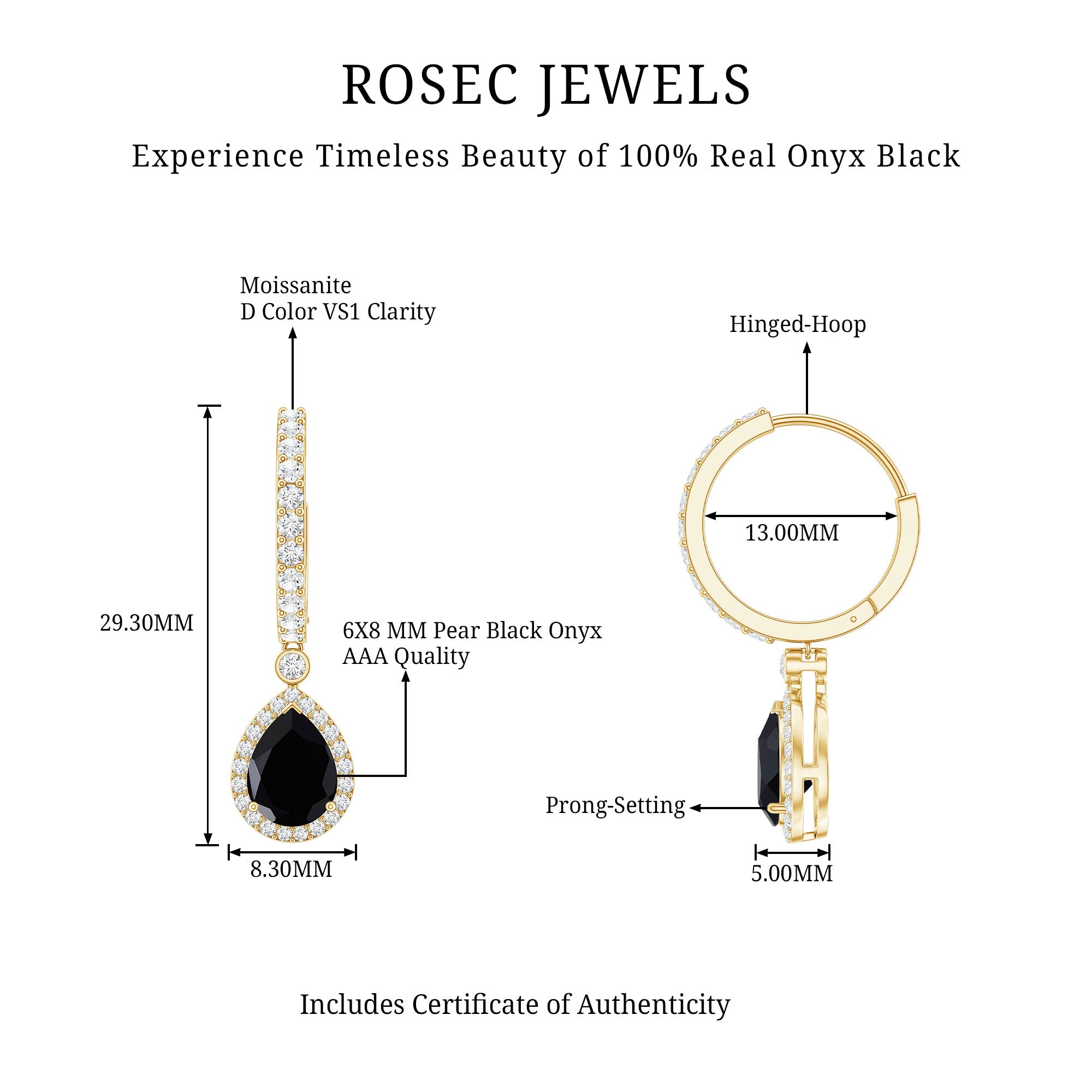 Natural Pear Shape Black Onyx Hoop Drop Earrings AAA - Rosec Jewels