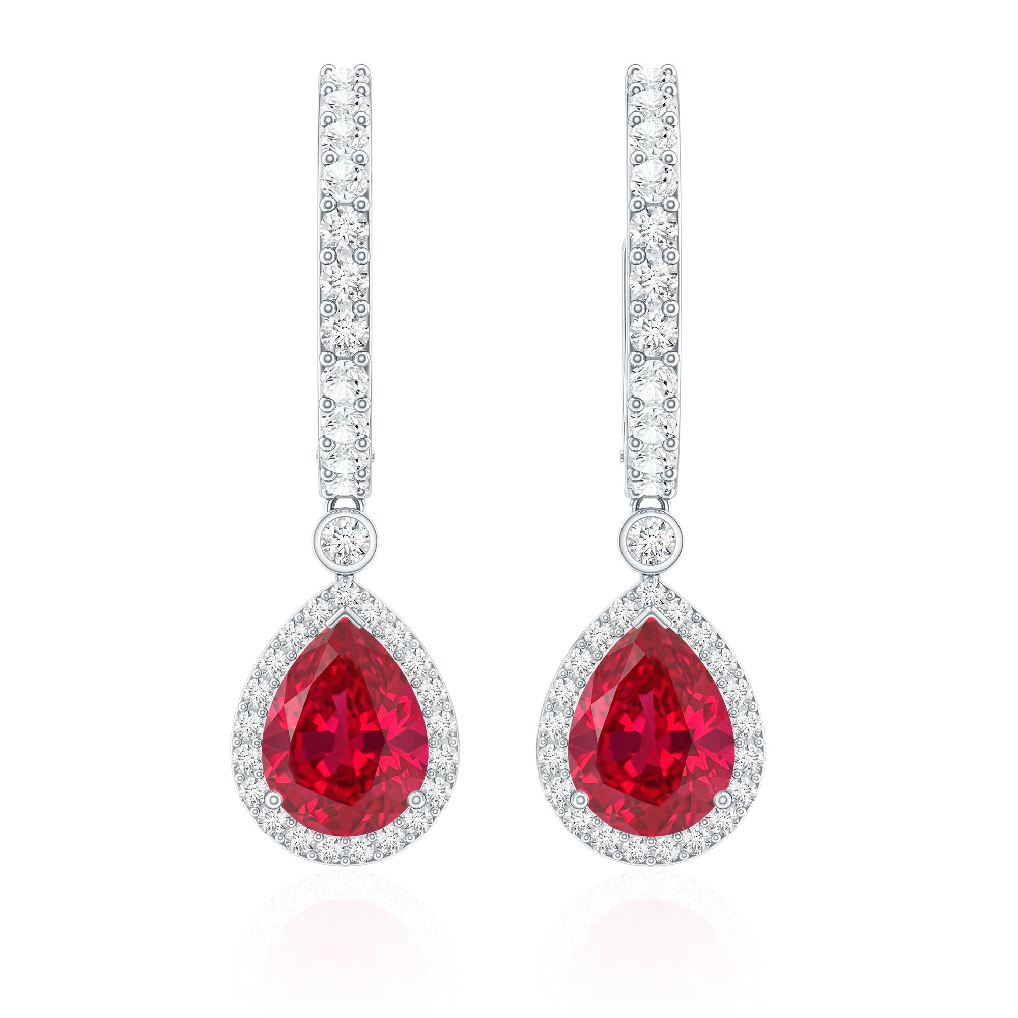 Lab Created Ruby and Moissanite Teardrop Hoop Earrings AAAA - Rosec Jewels