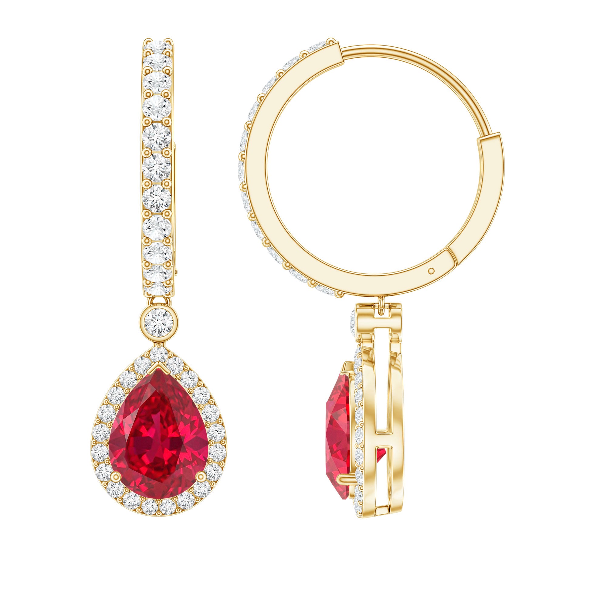 Lab Created Ruby and Moissanite Teardrop Hoop Earrings AAAA - Rosec Jewels