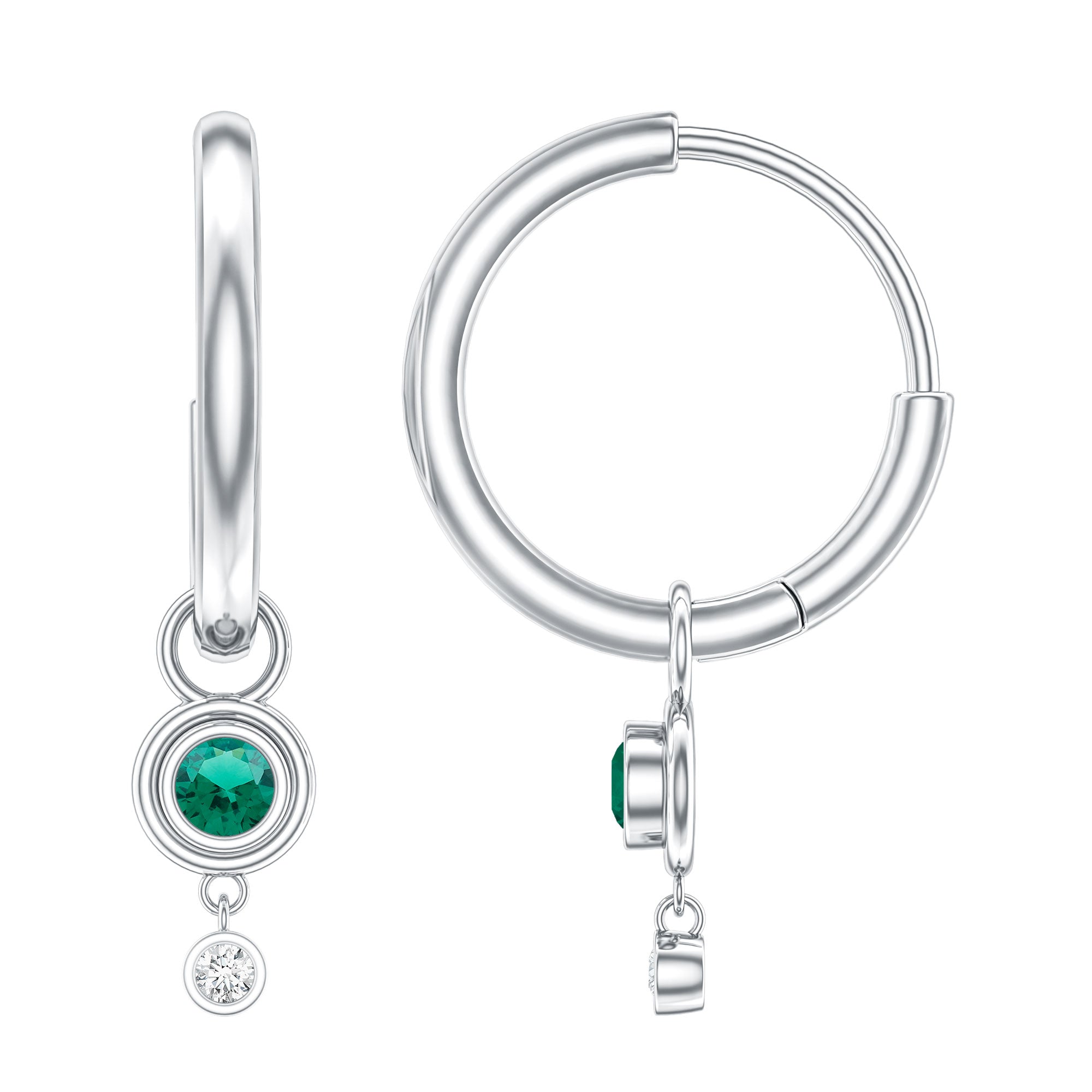 Certified Lab Grown Emerald and Diamond Drop Hoop Earrings AAAA - Rosec Jewels