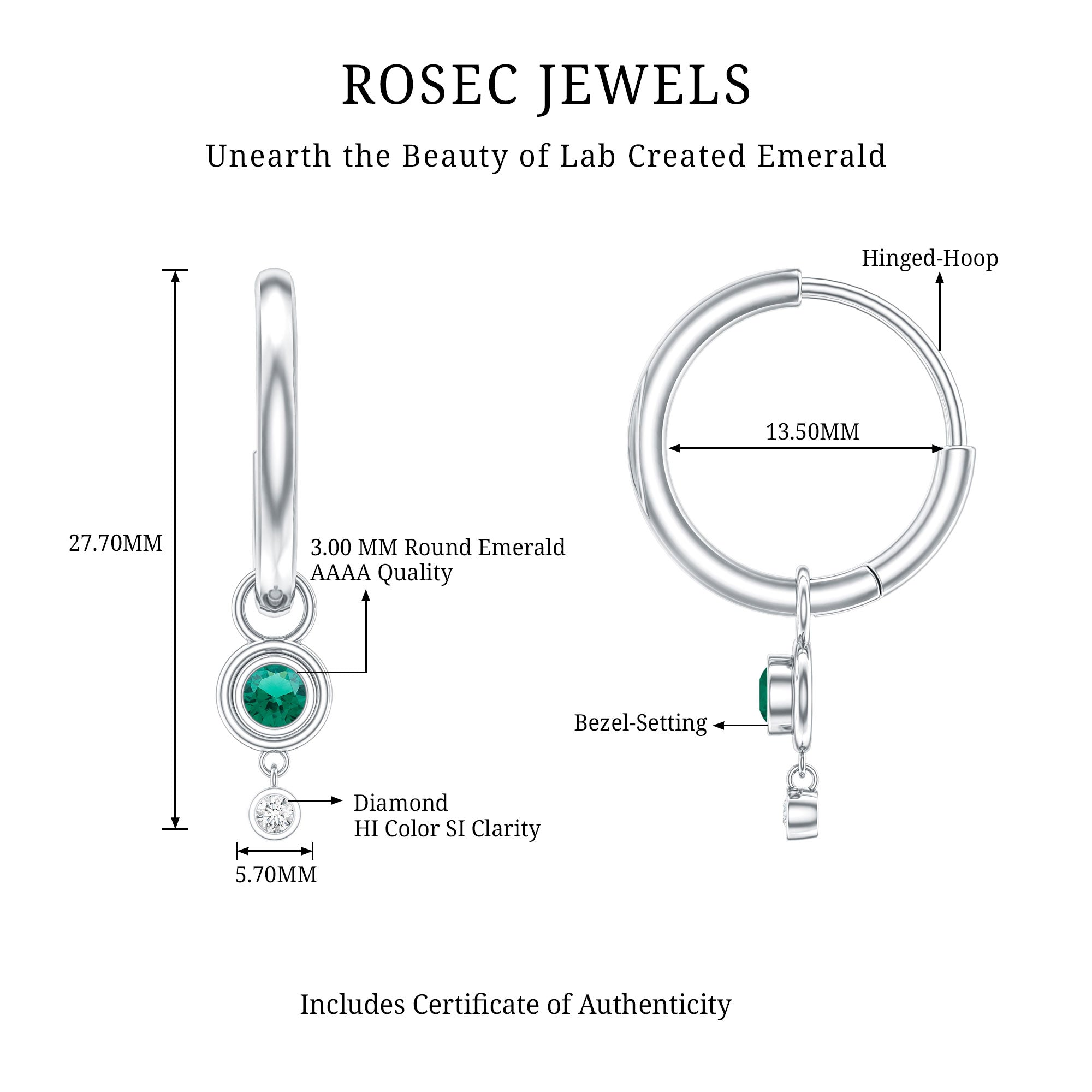 Certified Lab Grown Emerald and Diamond Drop Hoop Earrings AAAA - Rosec Jewels