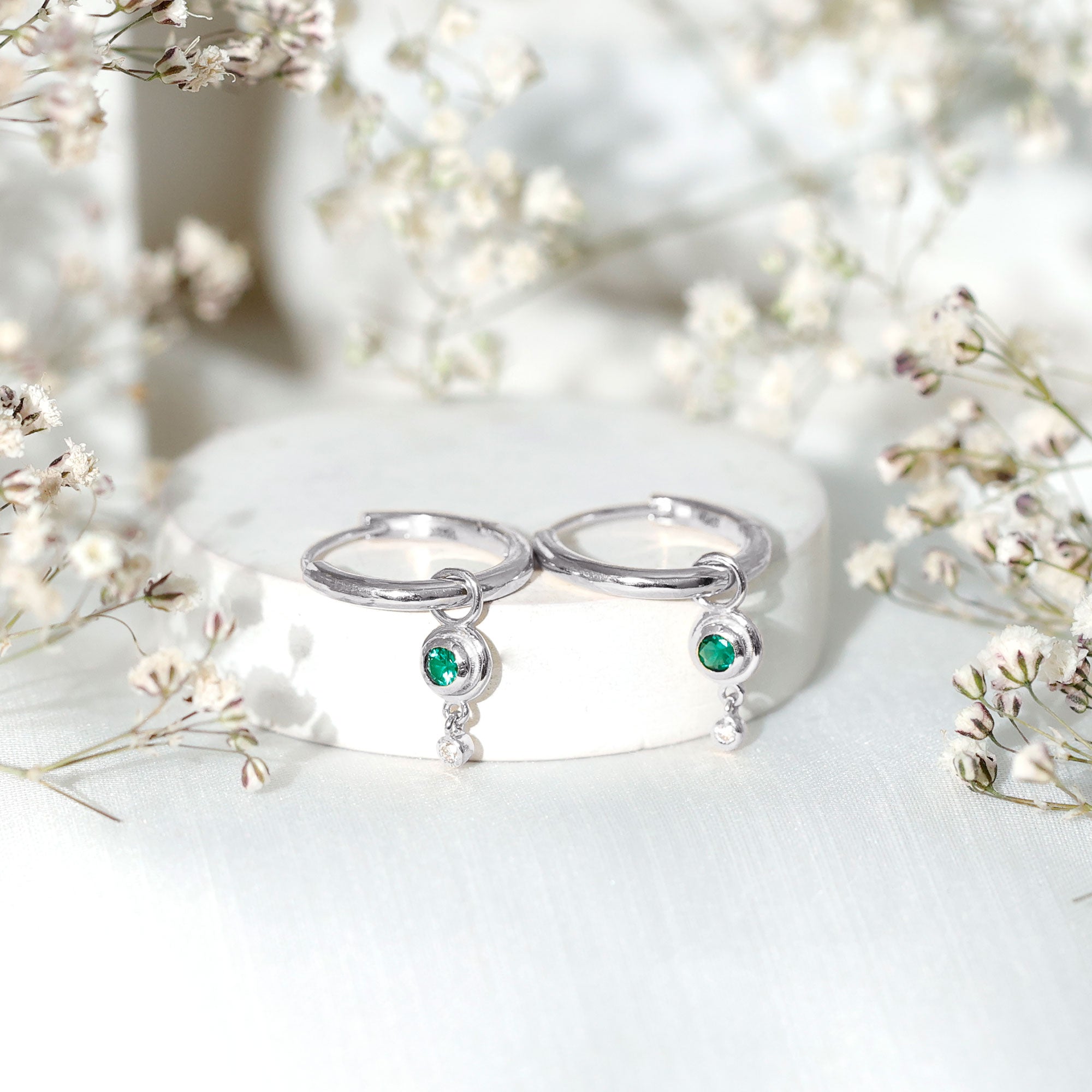 Certified Lab Grown Emerald and Diamond Drop Hoop Earrings AAAA - Rosec Jewels