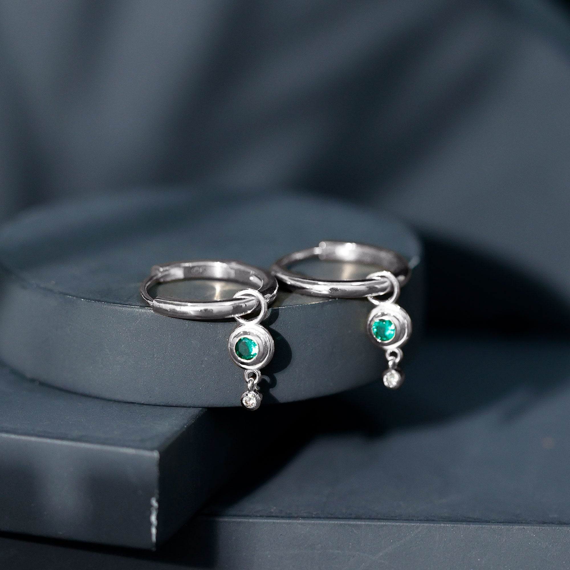 Certified Lab Grown Emerald and Diamond Drop Hoop Earrings AAAA - Rosec Jewels