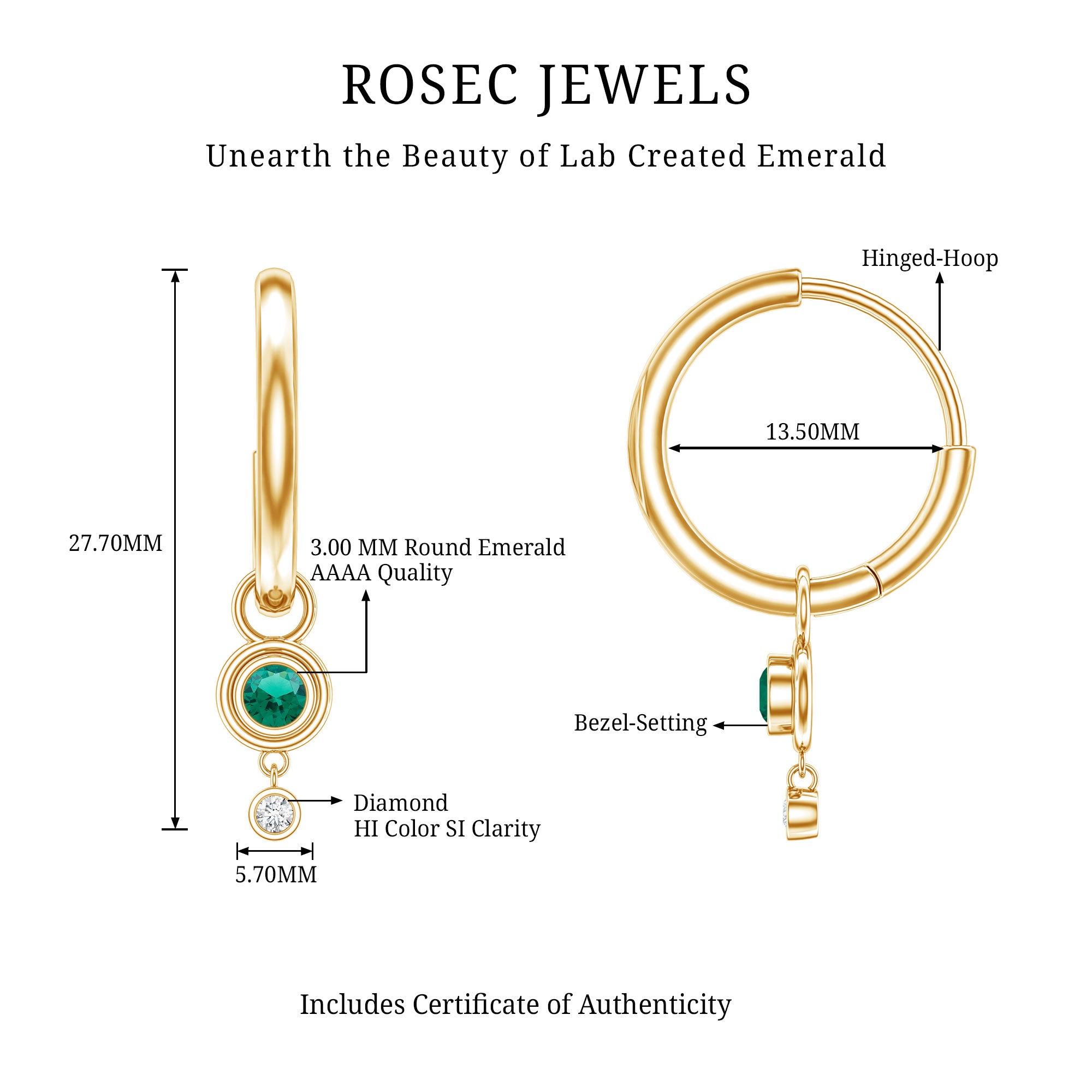 Certified Lab Grown Emerald and Diamond Drop Hoop Earrings AAAA - Rosec Jewels