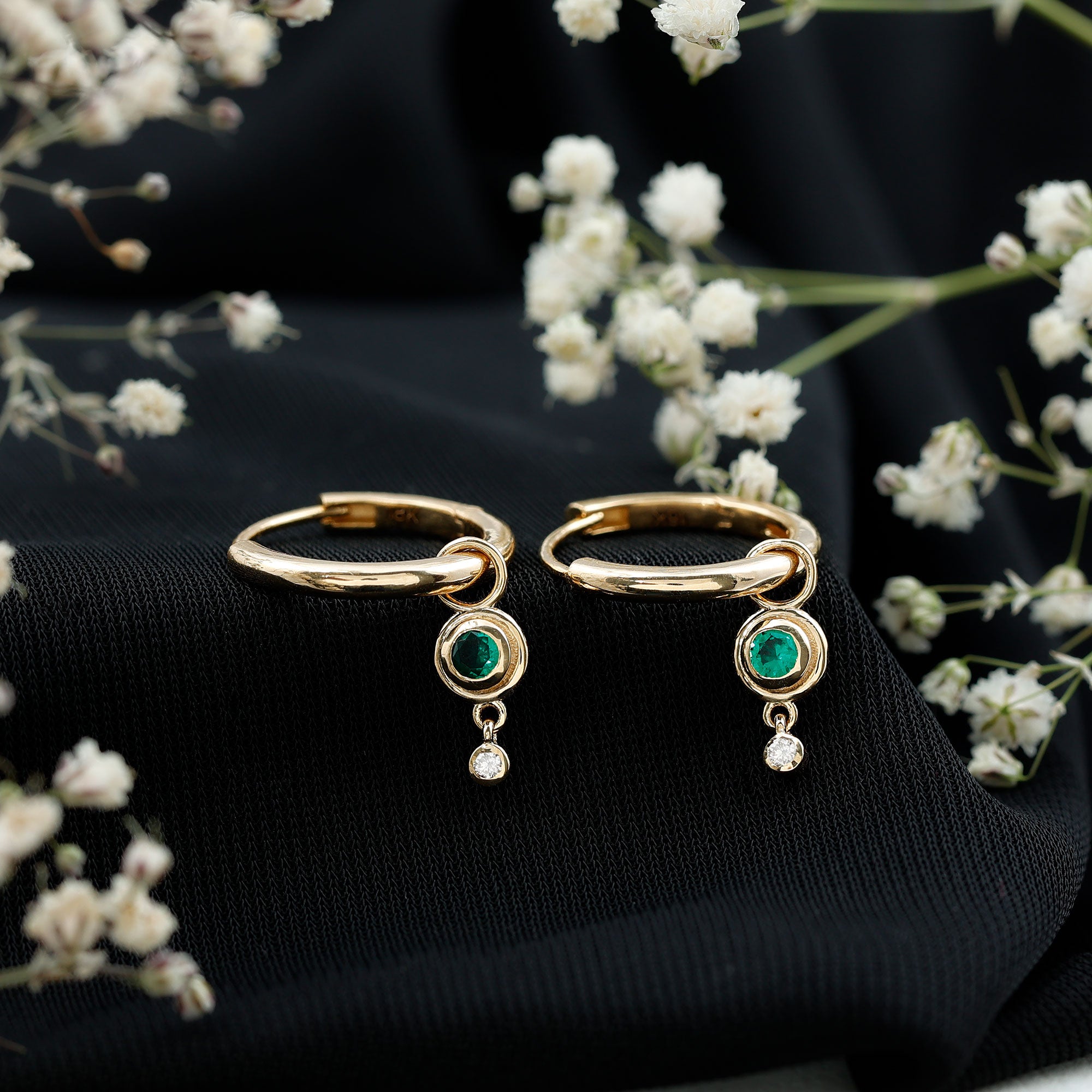Certified Lab Grown Emerald and Diamond Drop Hoop Earrings AAAA - Rosec Jewels