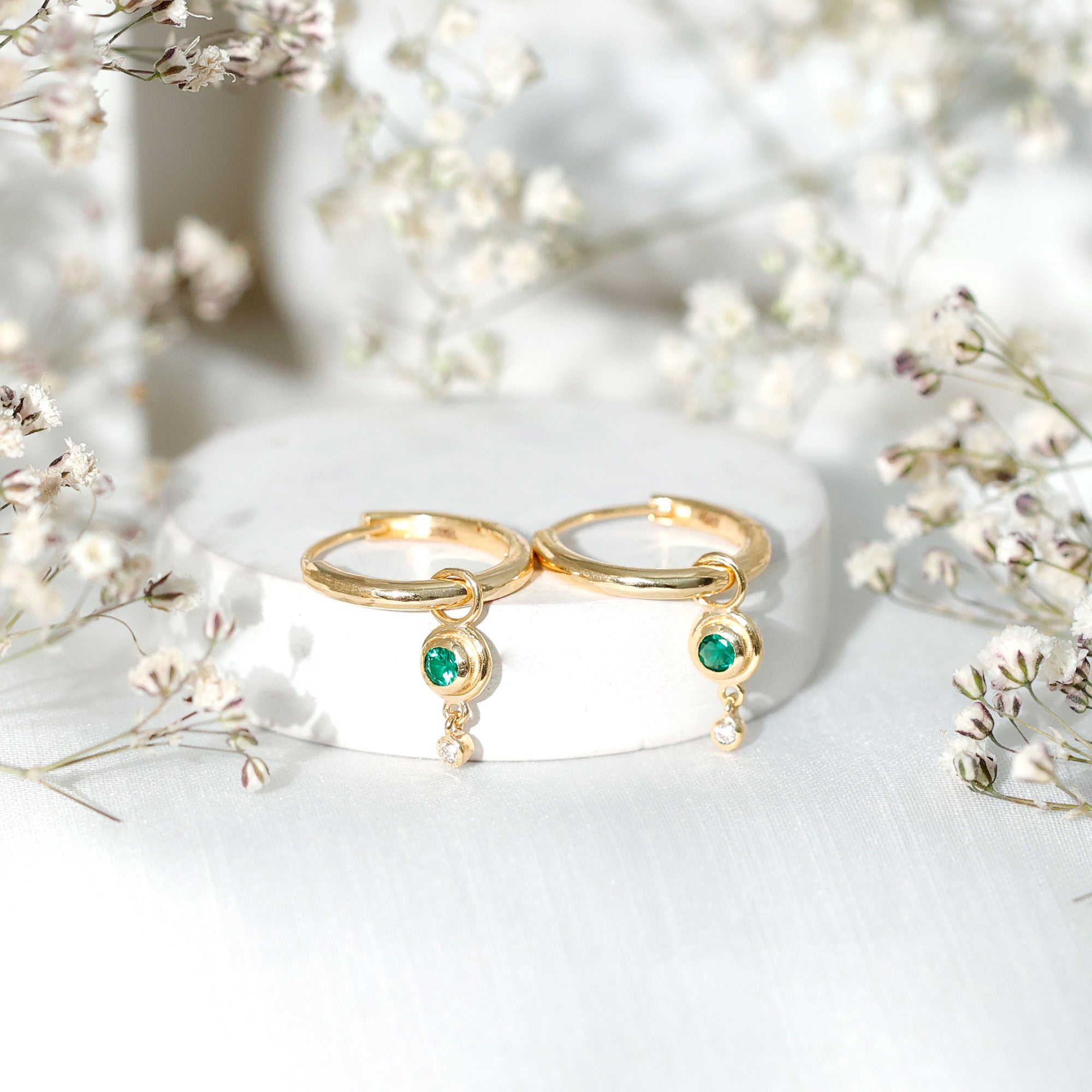 Certified Lab Grown Emerald and Diamond Drop Hoop Earrings AAAA - Rosec Jewels