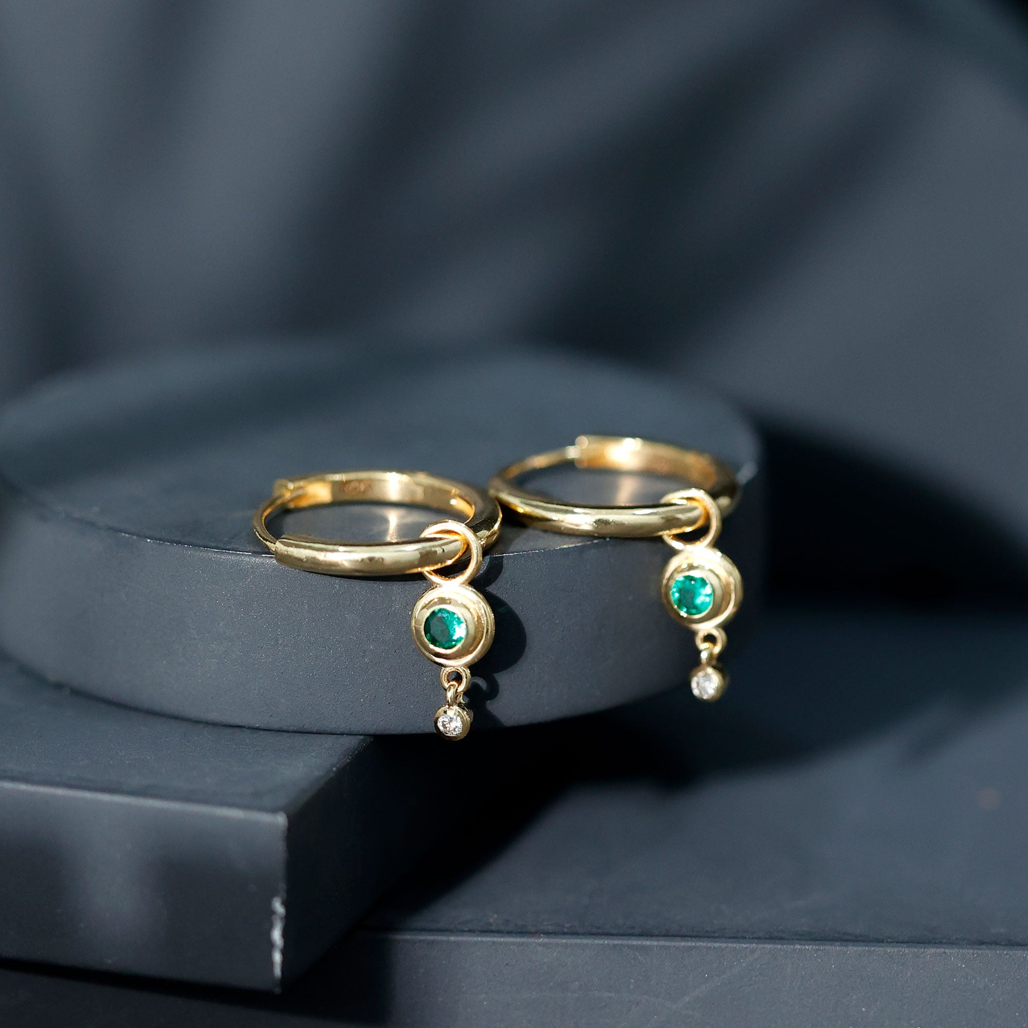 Certified Lab Grown Emerald and Diamond Drop Hoop Earrings AAAA - Rosec Jewels