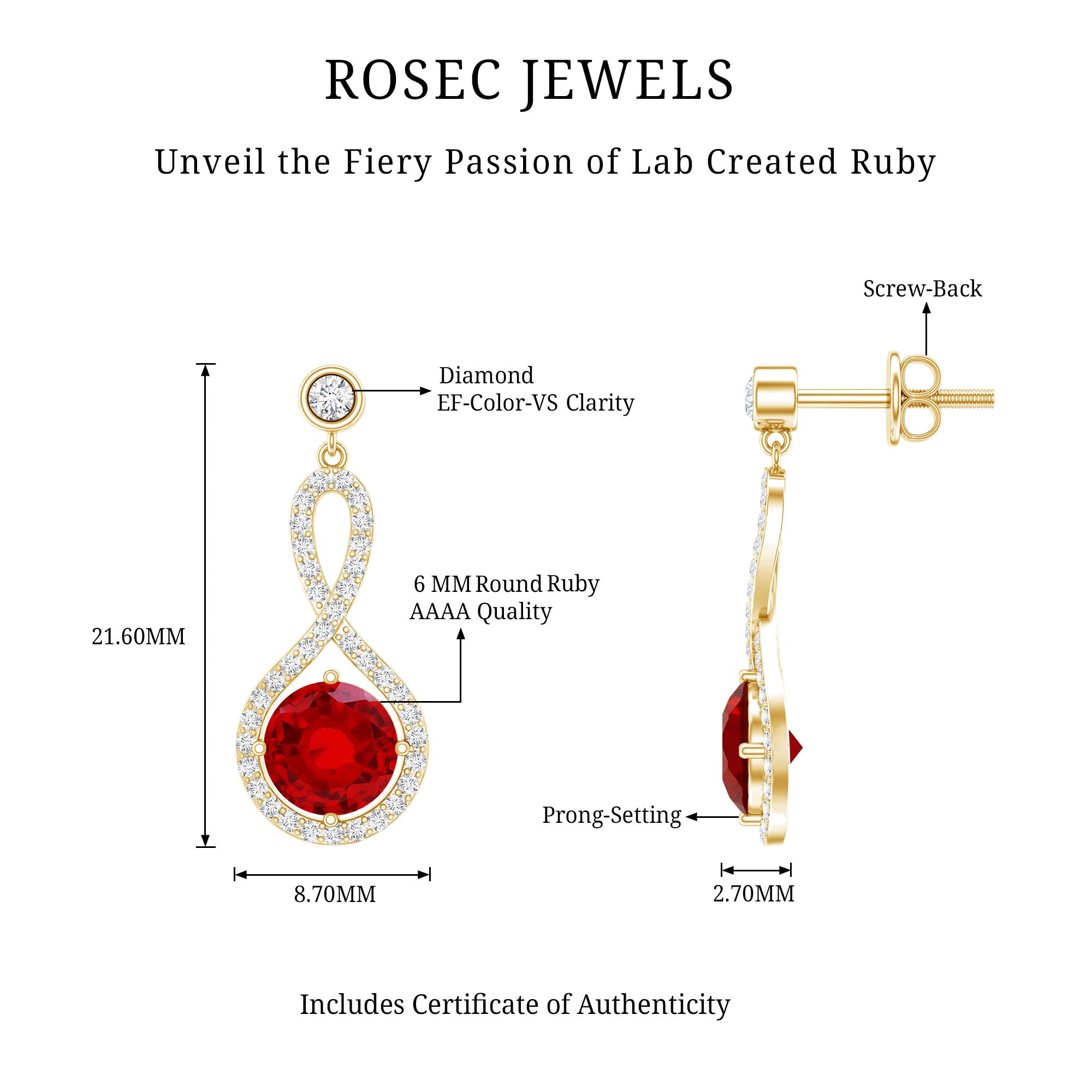 Lab Grown Ruby Diamond Drop Earrings AAAA - Rosec Jewels