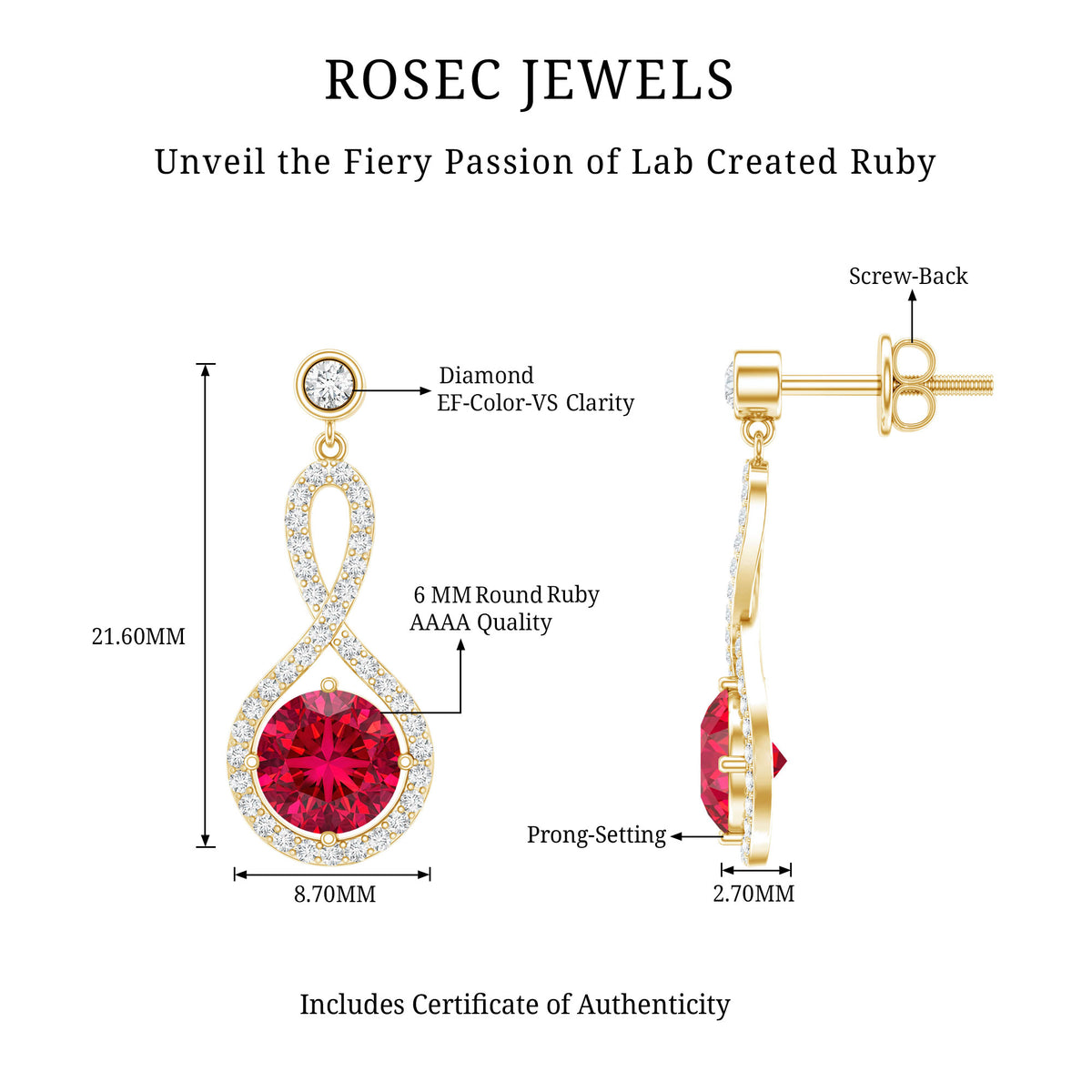 Lab Grown Ruby Diamond Drop Earrings AAAA - Rosec Jewels