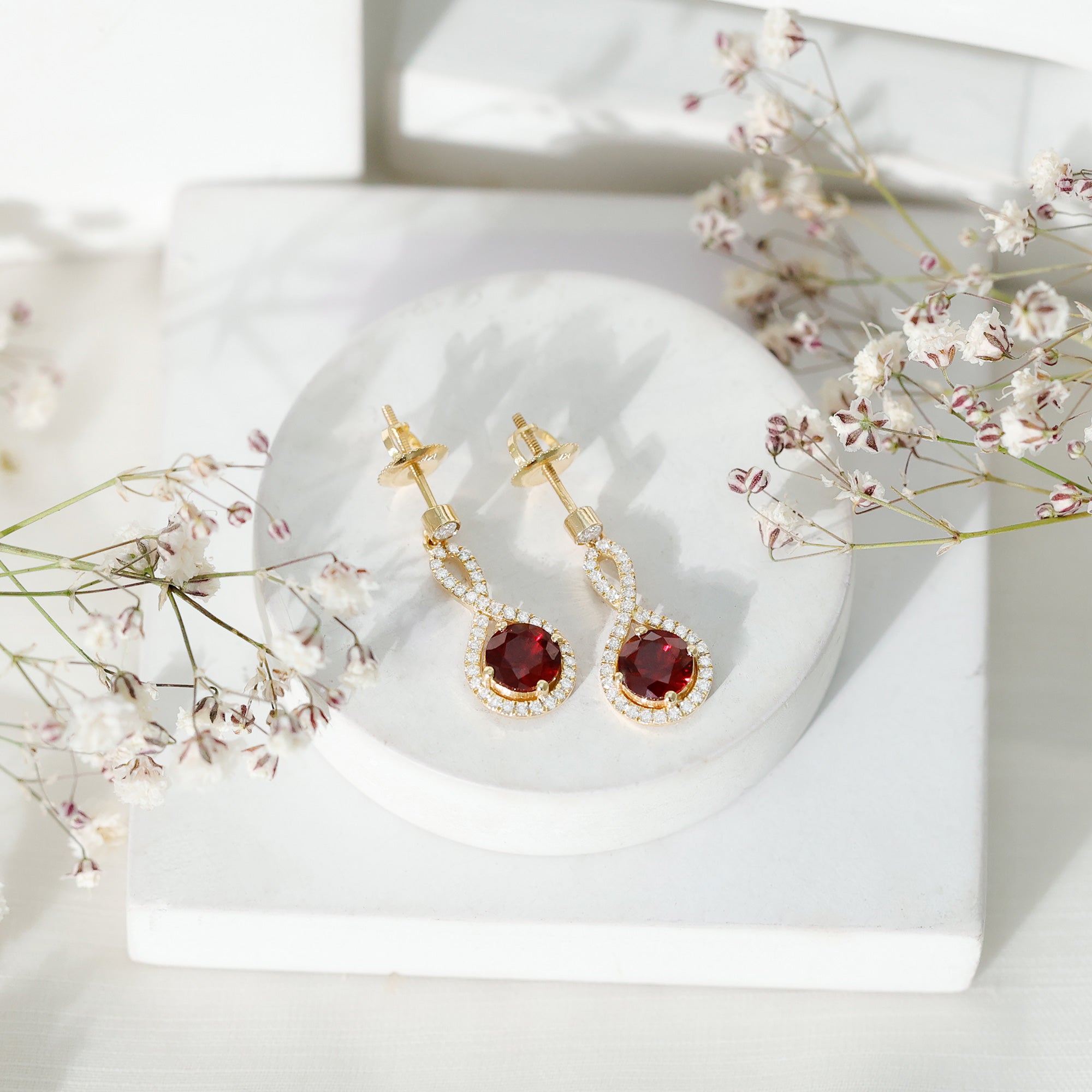 Lab Grown Ruby Diamond Drop Earrings AAAA - Rosec Jewels