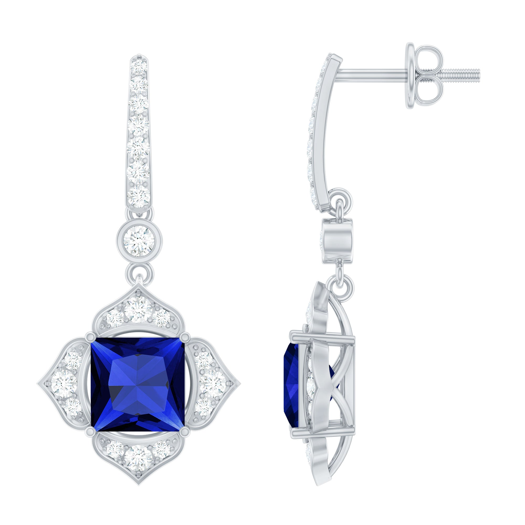 Lab Grown Blue Sapphire Floral Inspired Drop Earrings with Diamonds