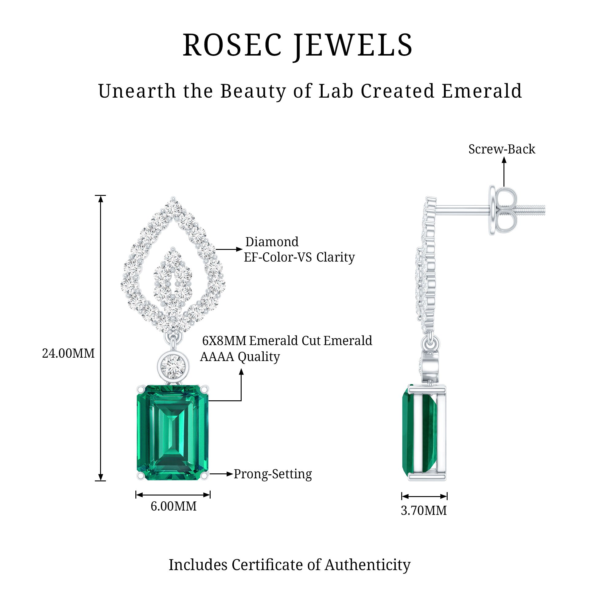 Art Deco Lab Grown Emerald Diamond Drop Earrings With Screw Back AAAA - Rosec Jewels