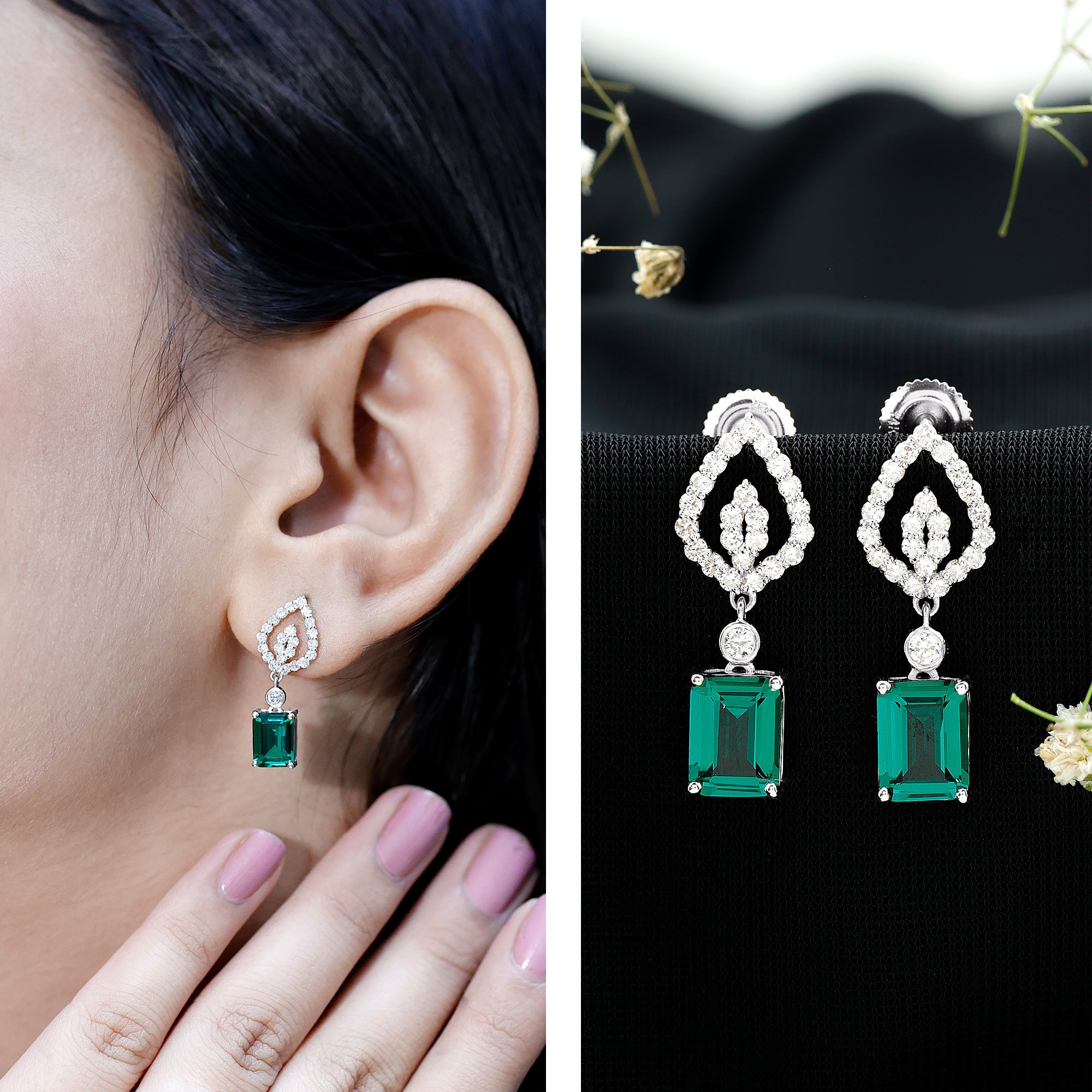 Art Deco Lab Grown Emerald Diamond Drop Earrings With Screw Back AAAA - Rosec Jewels