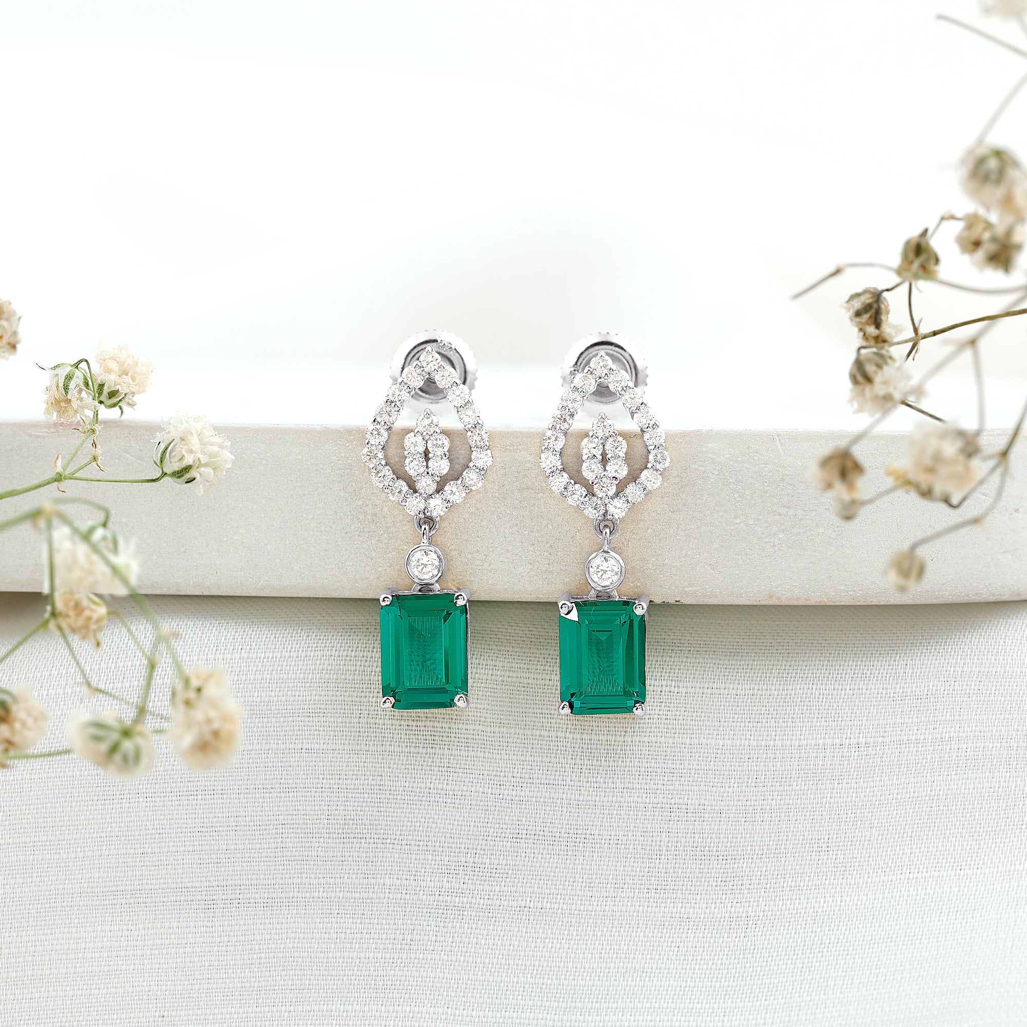 Art Deco Lab Grown Emerald Diamond Drop Earrings With Screw Back AAAA - Rosec Jewels