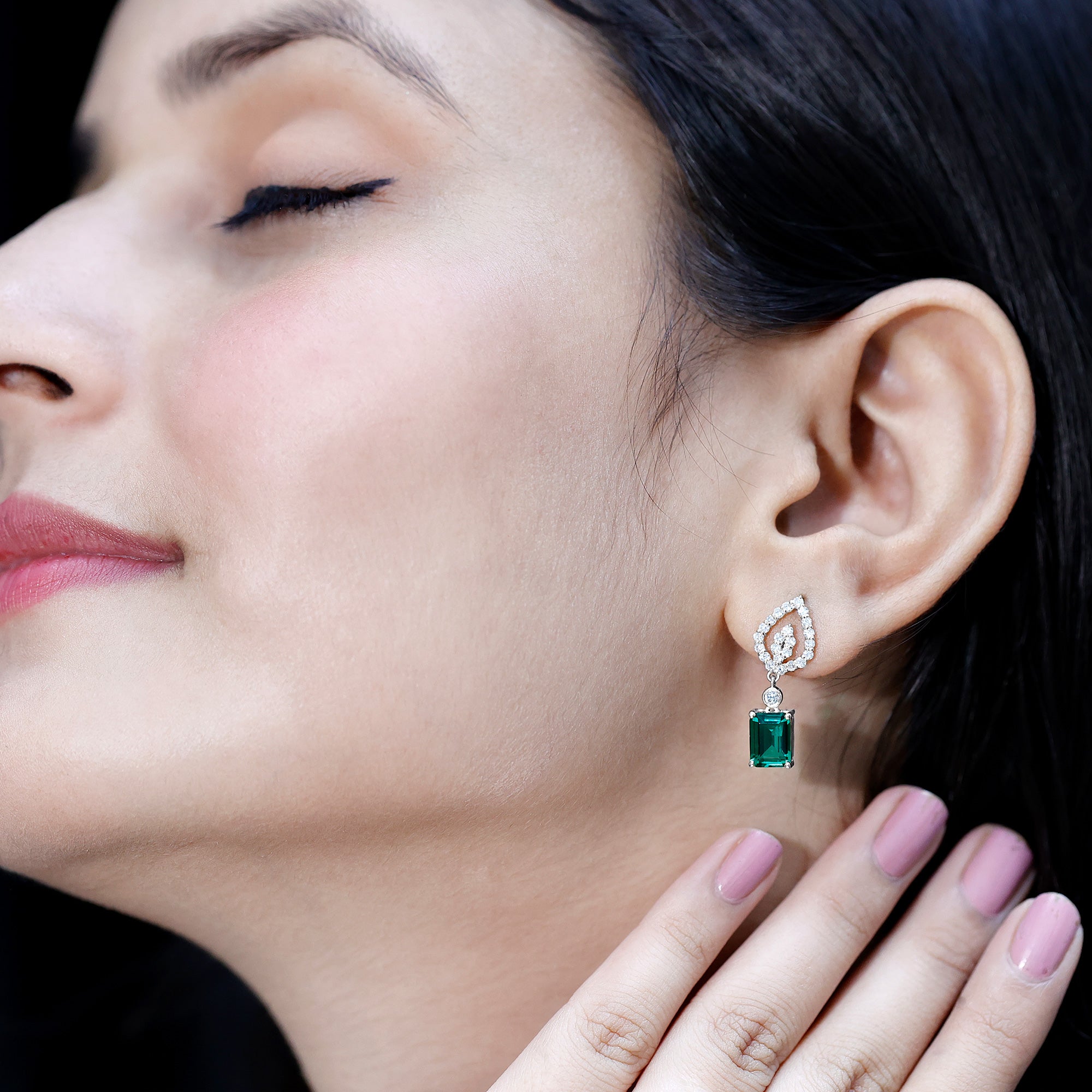 Art Deco Lab Grown Emerald Diamond Drop Earrings With Screw Back AAAA - Rosec Jewels