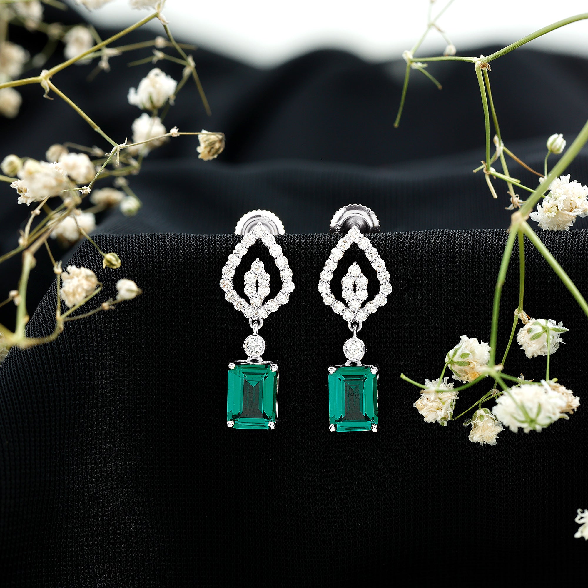 Art Deco Lab Grown Emerald Diamond Drop Earrings With Screw Back AAAA - Rosec Jewels