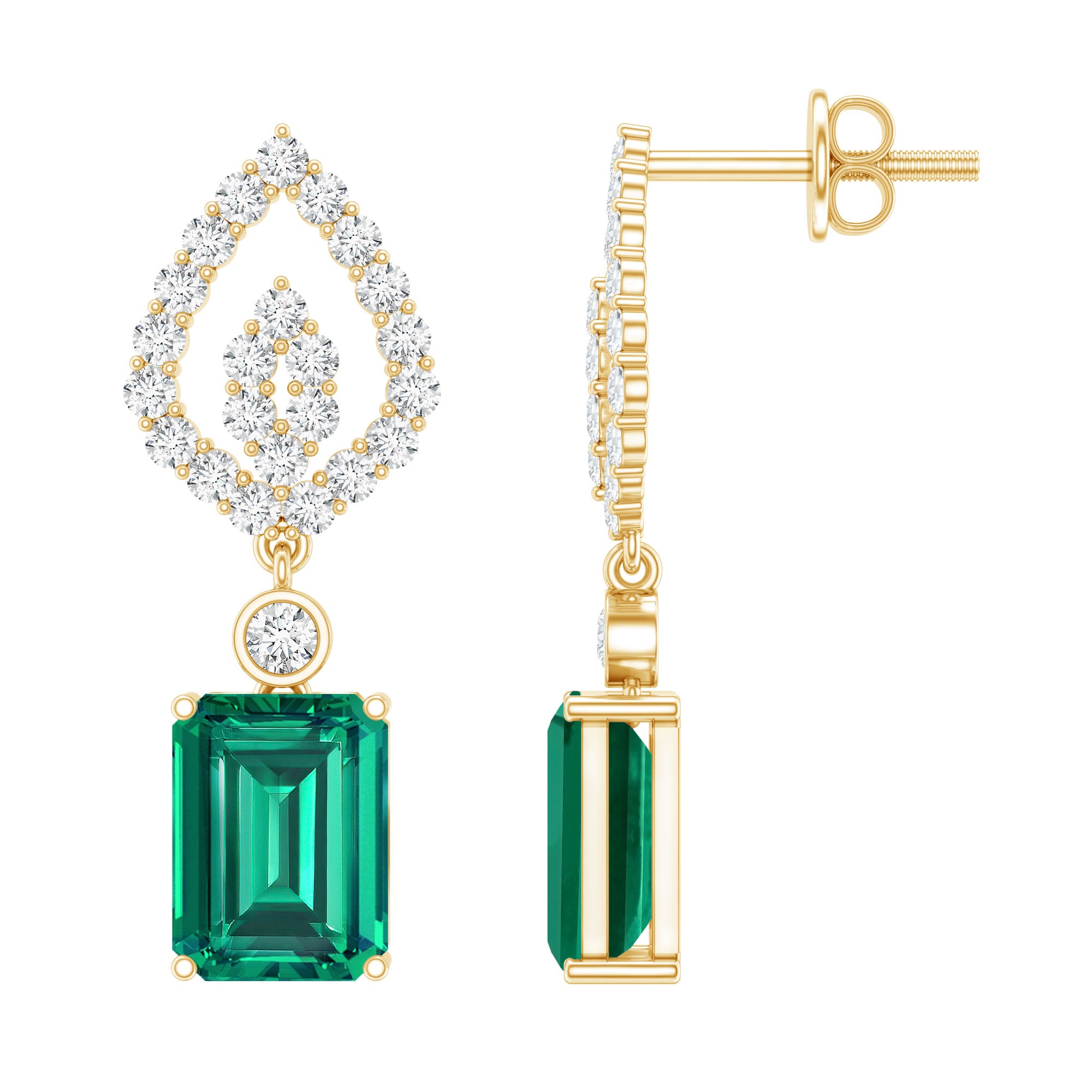 Art Deco Lab Grown Emerald Diamond Drop Earrings With Screw Back AAAA - Rosec Jewels