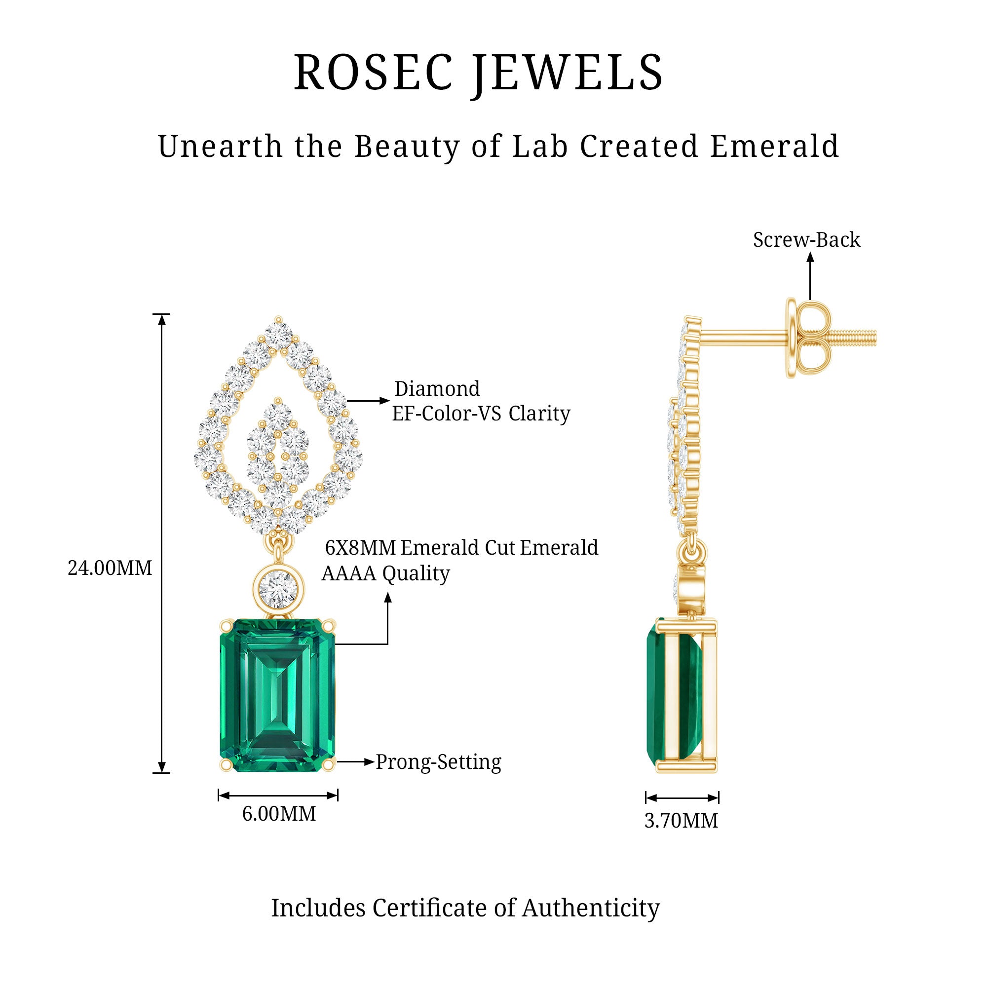 Art Deco Lab Grown Emerald Diamond Drop Earrings With Screw Back AAAA - Rosec Jewels