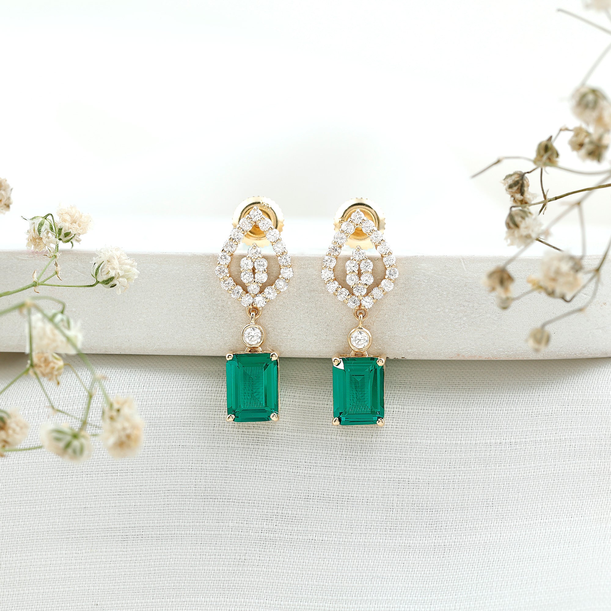 Art Deco Lab Grown Emerald Diamond Drop Earrings With Screw Back AAAA - Rosec Jewels