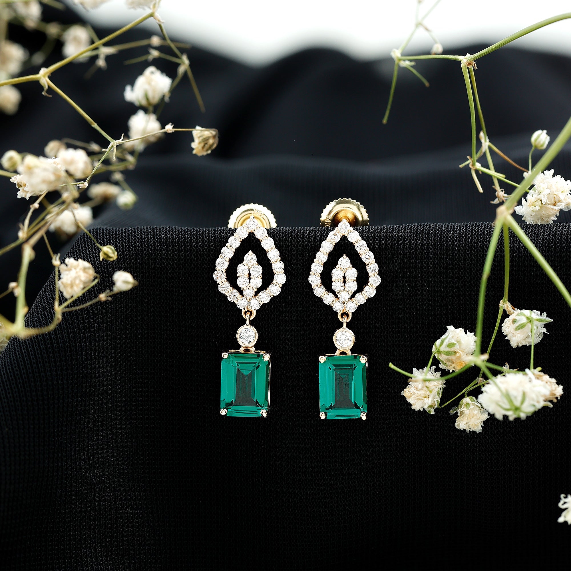 Art Deco Lab Grown Emerald Diamond Drop Earrings With Screw Back AAAA - Rosec Jewels