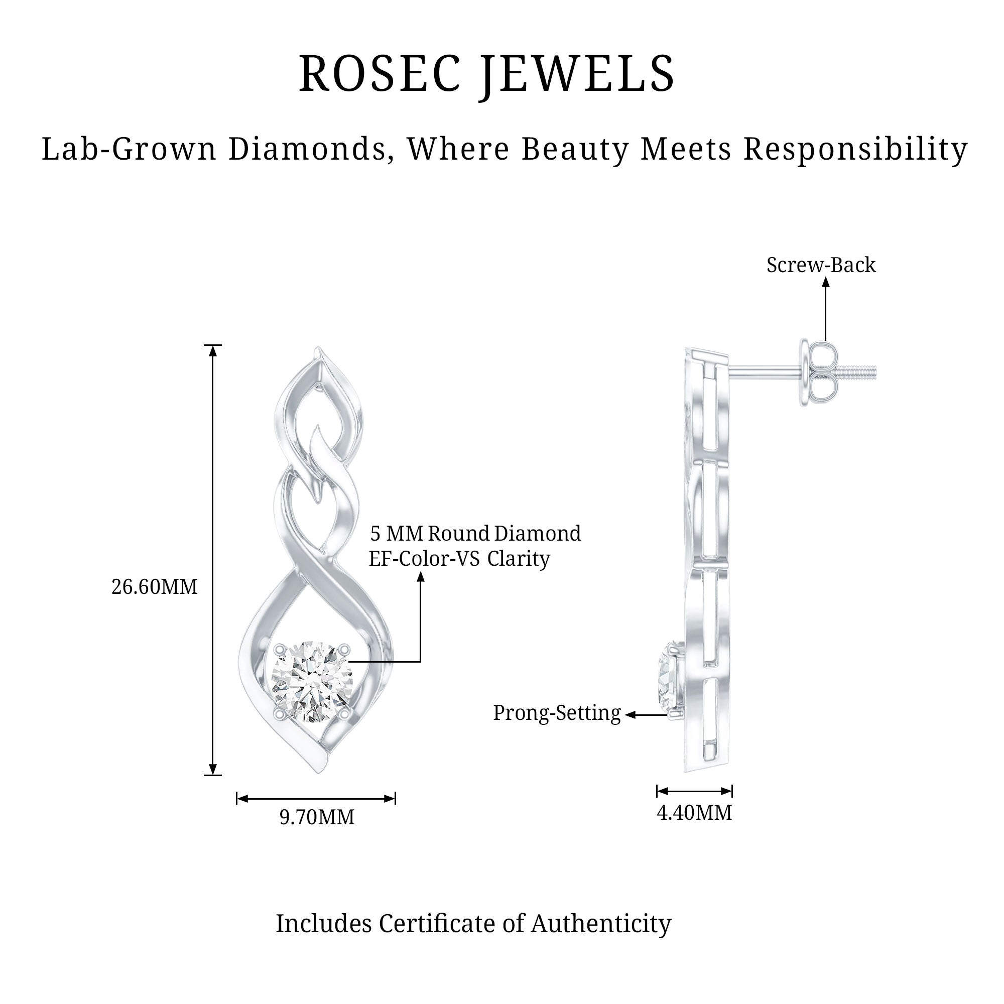 Certified Lab Grown Diamond Bridal Earrings With Screw Back Lab - ( EF-VS ) - Rosec Jewels