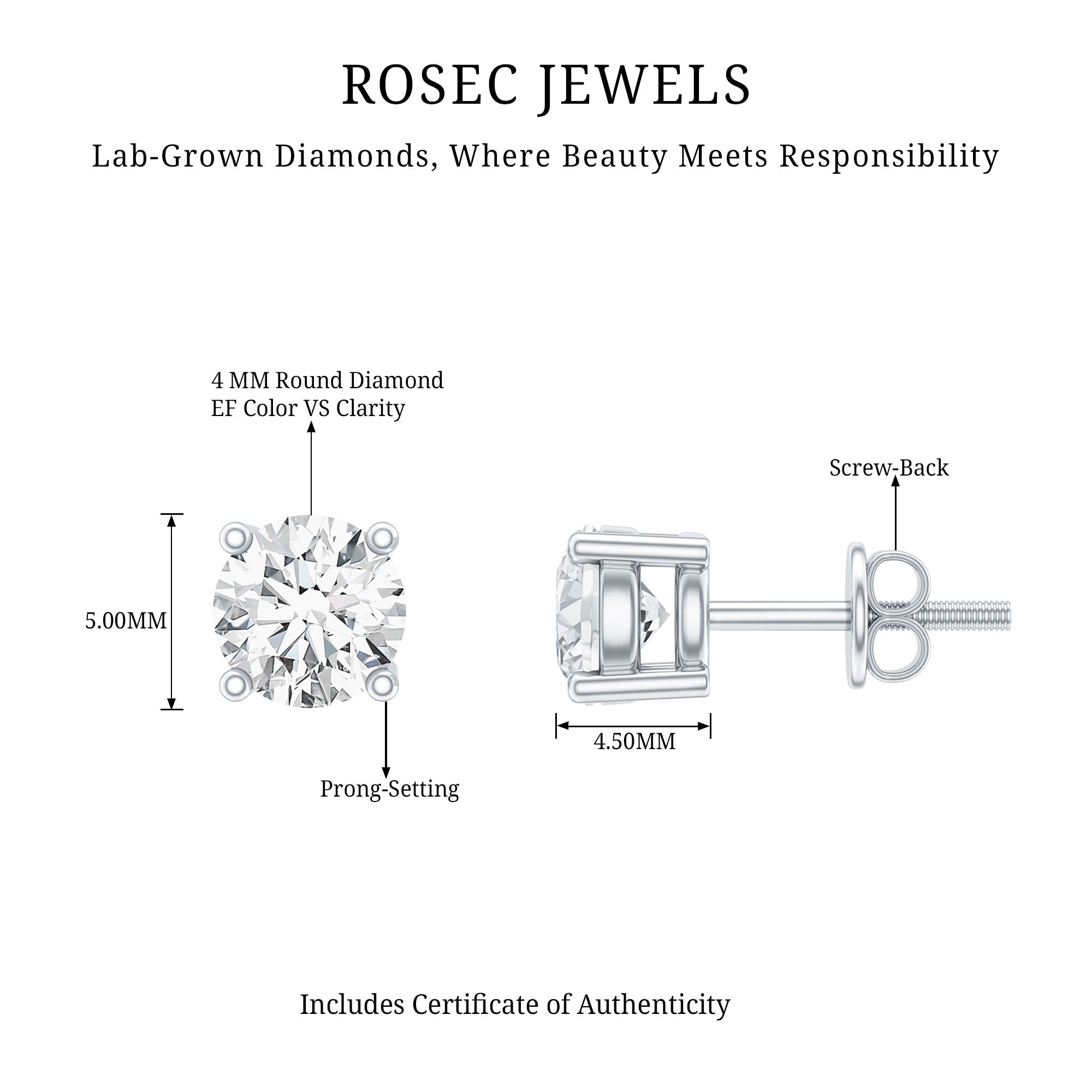 Certified 0.5 Carat Lab Grown Diamond Studs Lab - ( EF-VS ) 92.5 Sterling Silver - Rosec Jewels