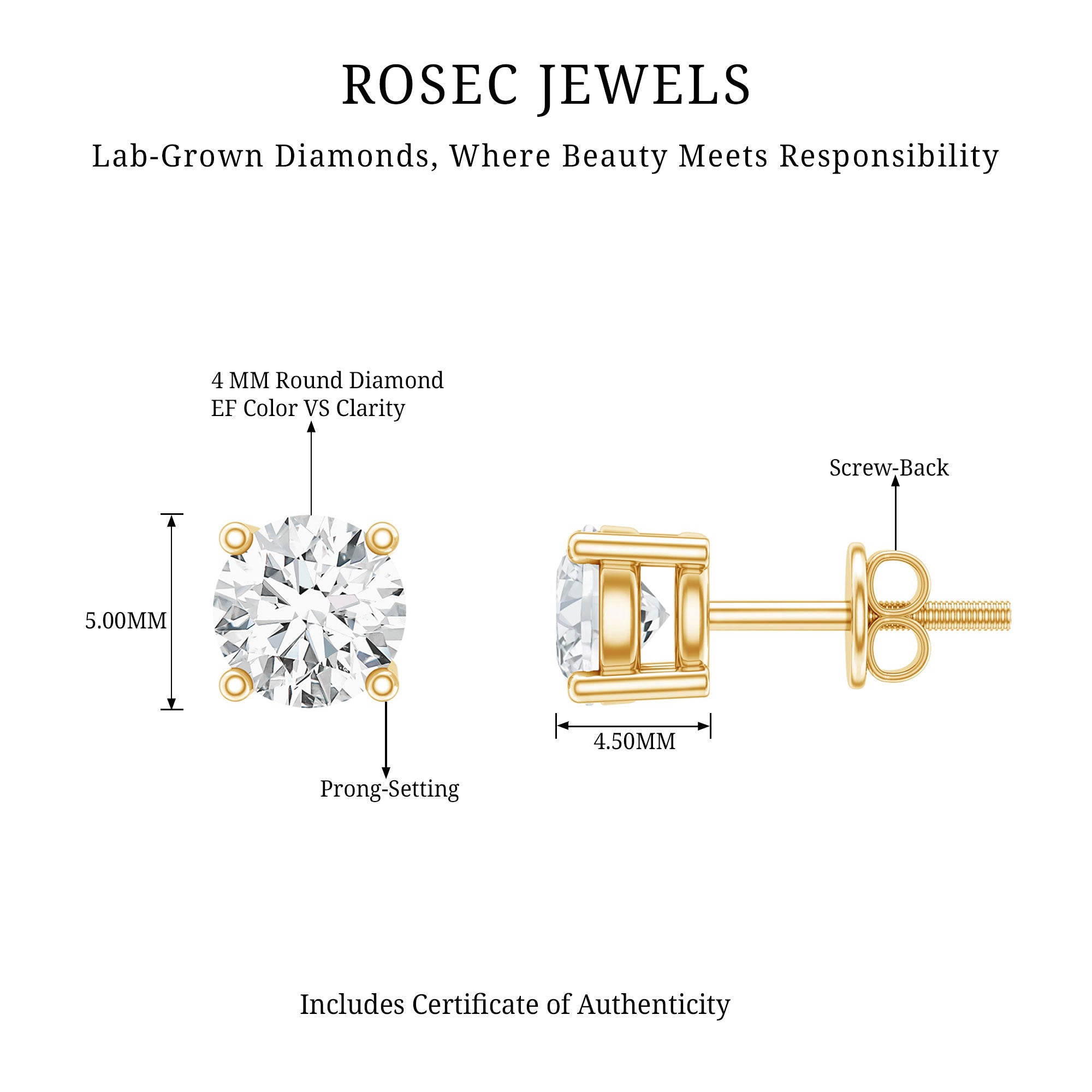 Certified 0.5 Carat Lab Grown Diamond Studs Lab - ( EF-VS ) 14K Yellow Gold Plated Silver - Rosec Jewels