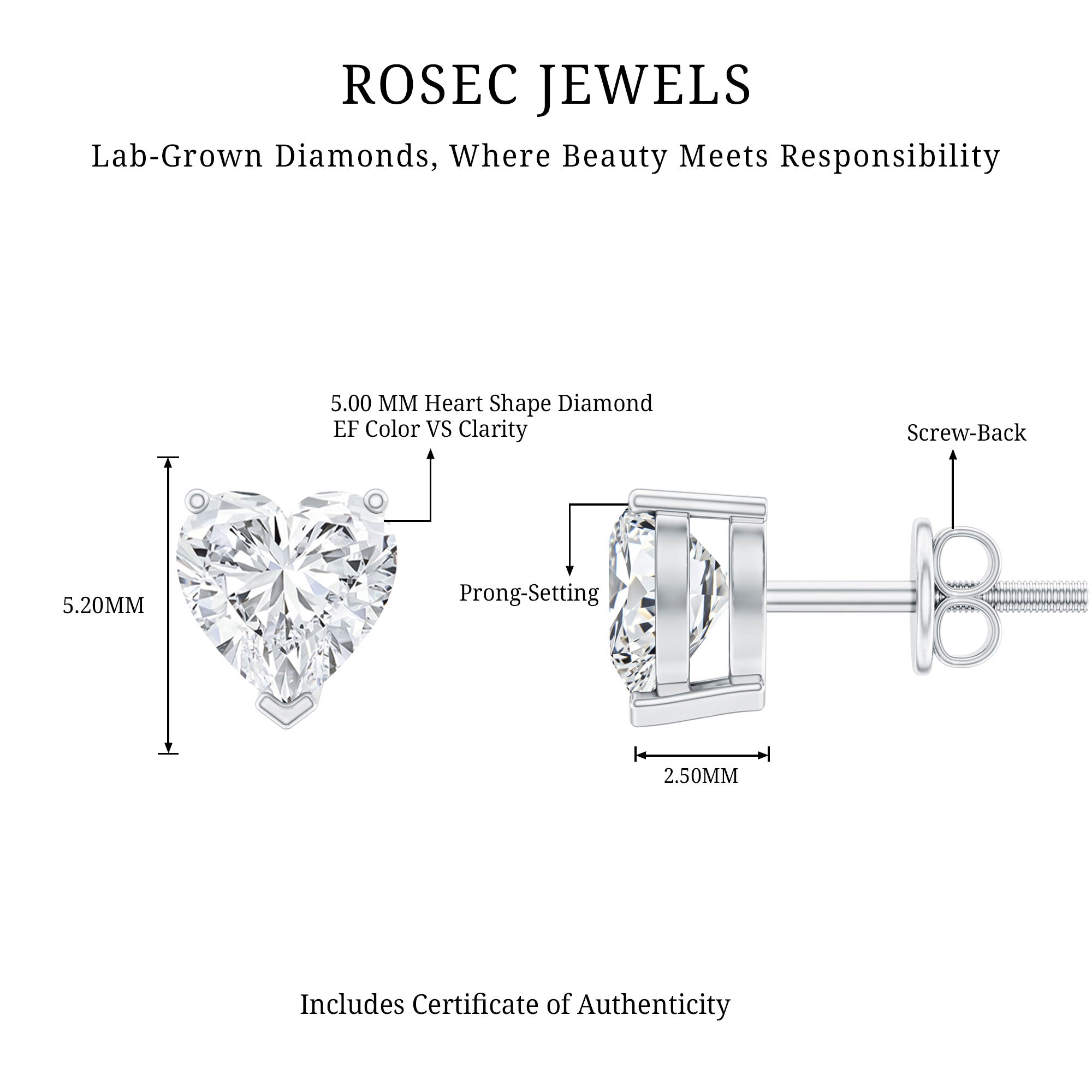 1 Carat Lab Grown Diamond Heart Stud Earrings in 14K Gold Plated Silver Lab - ( EF-VS ) 92.5 Sterling Silver - Rosec Jewels
