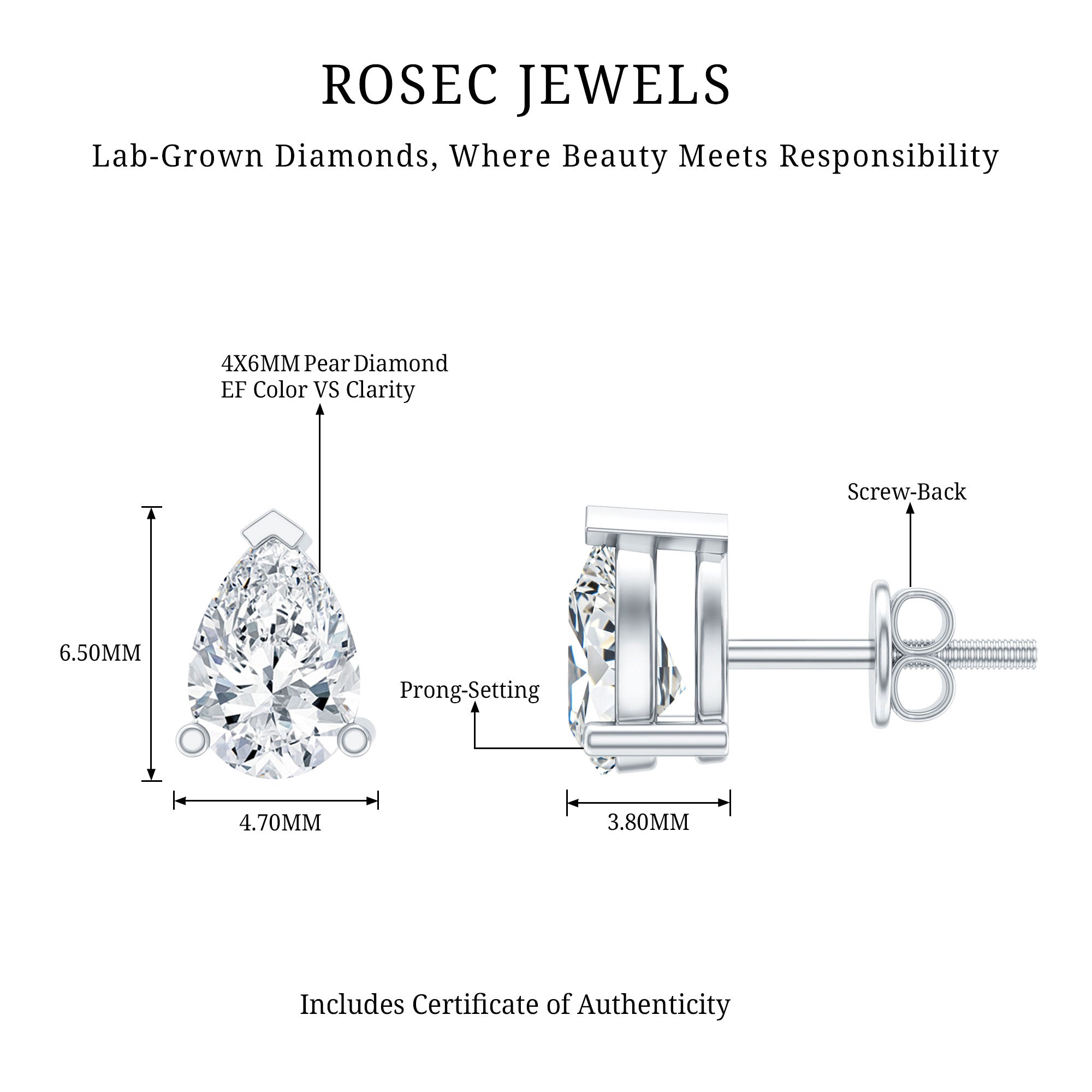 Certified 0.7 Carat Lab Grown Diamond Stud Earrings in Sterling Silver Lab - ( EF-VS ) 92.5 Sterling Silver - Rosec Jewels
