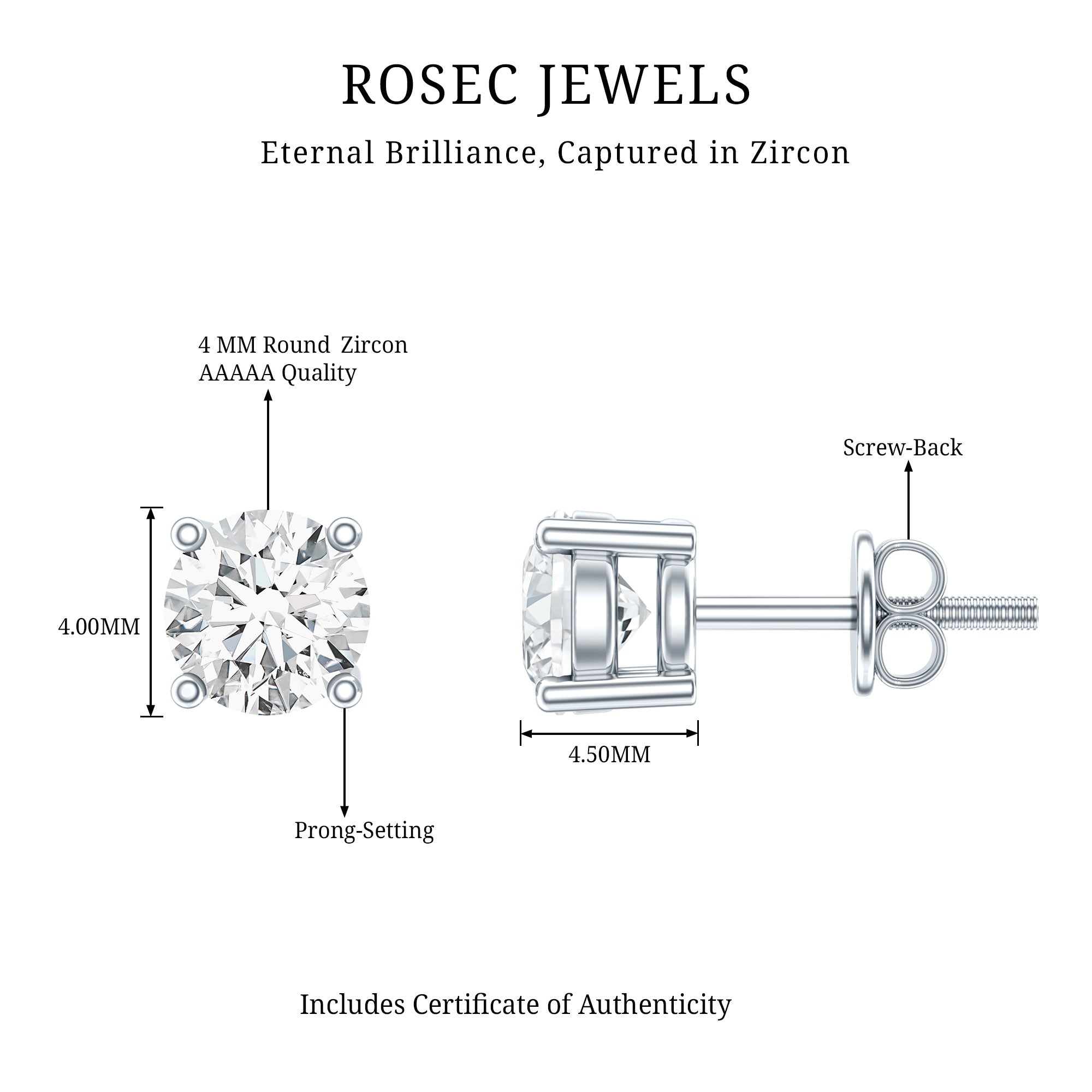 Certified Cubic Zirconia Half Carat Stud Earrings with Screw Back AAAAA 92.5 Sterling Silver - Rosec Jewels