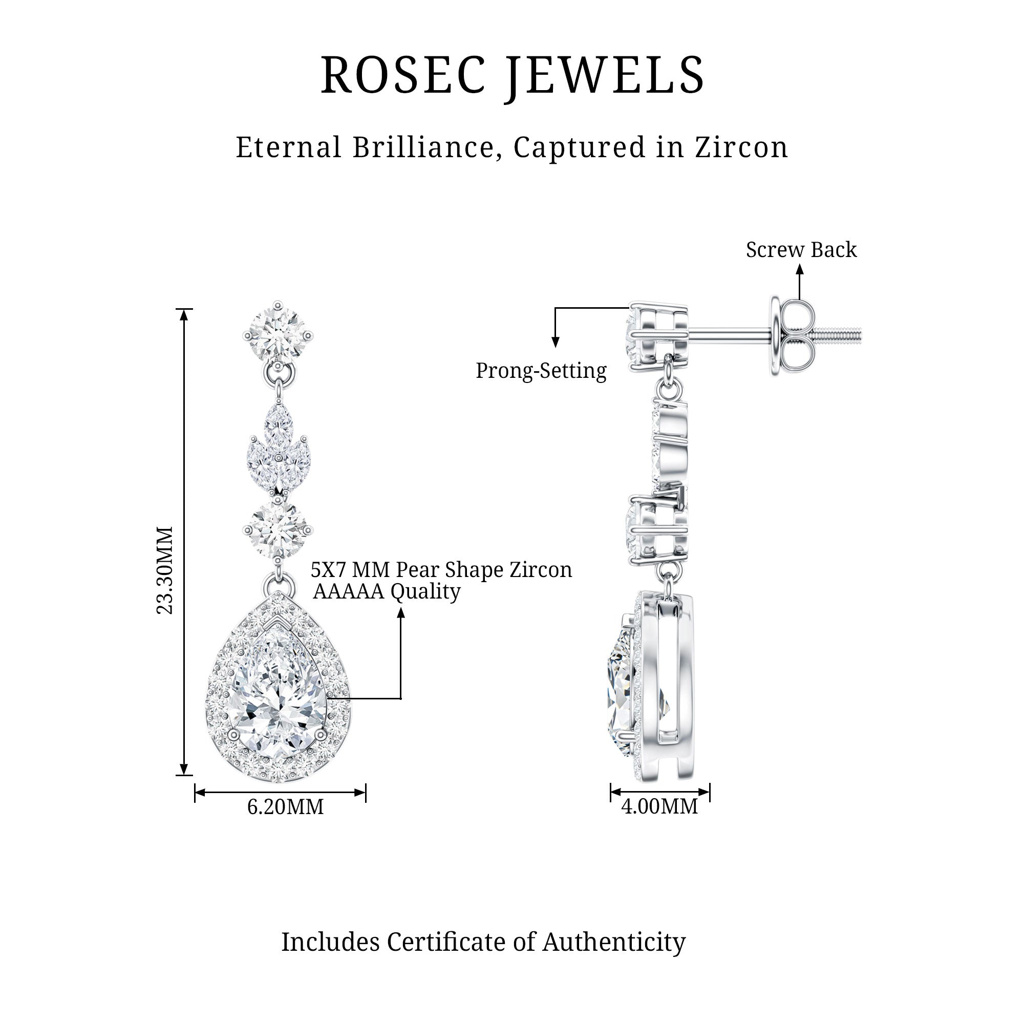Certified 2 Carat CZ and Silver Teardrop Dangle Earrings for Wedding AAAAA 92.5 Sterling Silver - Rosec Jewels