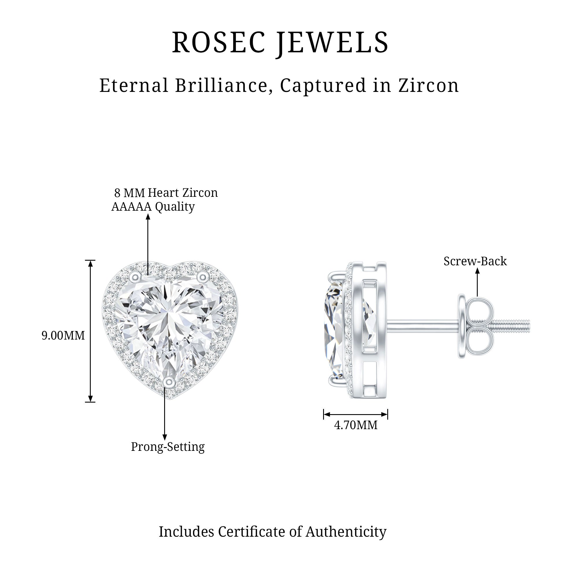Certified 4 Carat Cubic Zirconia Heart Stud Earrings For Women AAAAA 92.5 Sterling Silver - Rosec Jewels