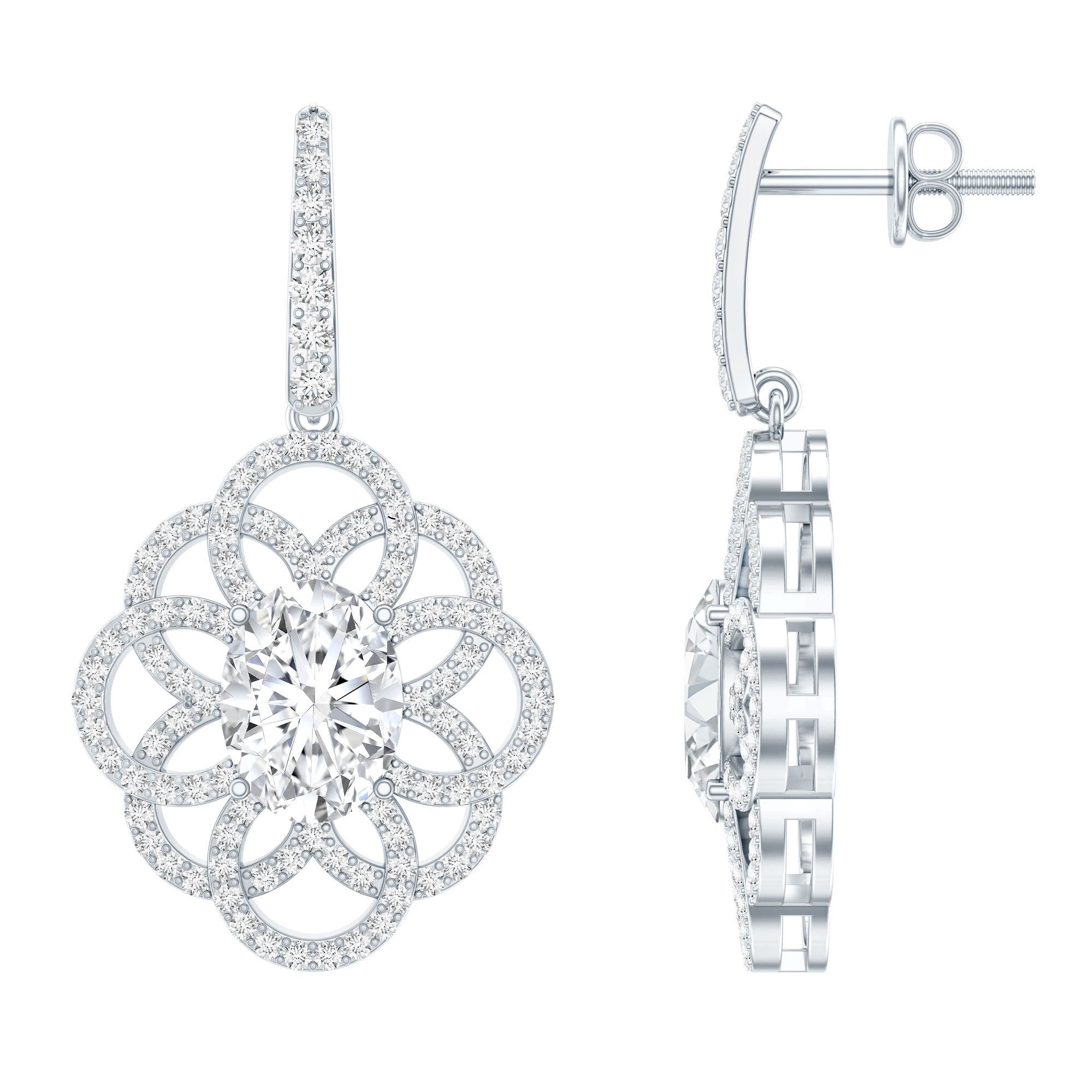 Certified 2.58 Carat Oval Cubic Zirconia Statement Flower Earrings for Women AAAAA 92.5 Sterling Silver - Rosec Jewels