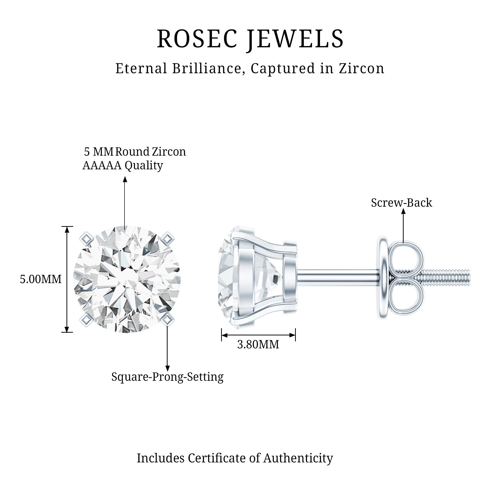 Certified One Carat Cubic Zirconia Solitaire Stud Earrings in Silver AAAAA 92.5 Sterling Silver - Rosec Jewels