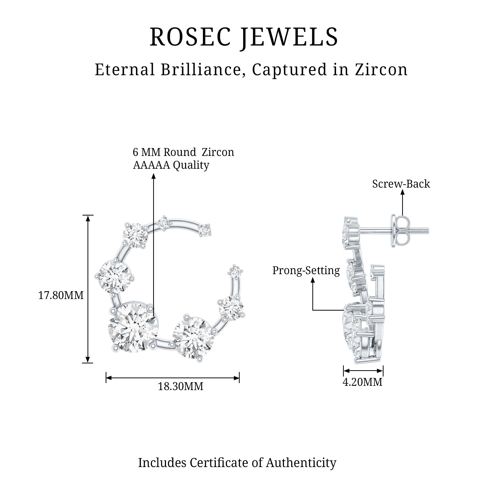 Cubic Zirconia Big Stud Earrings with Screw Backs AAAAA 92.5 Sterling Silver - Rosec Jewels