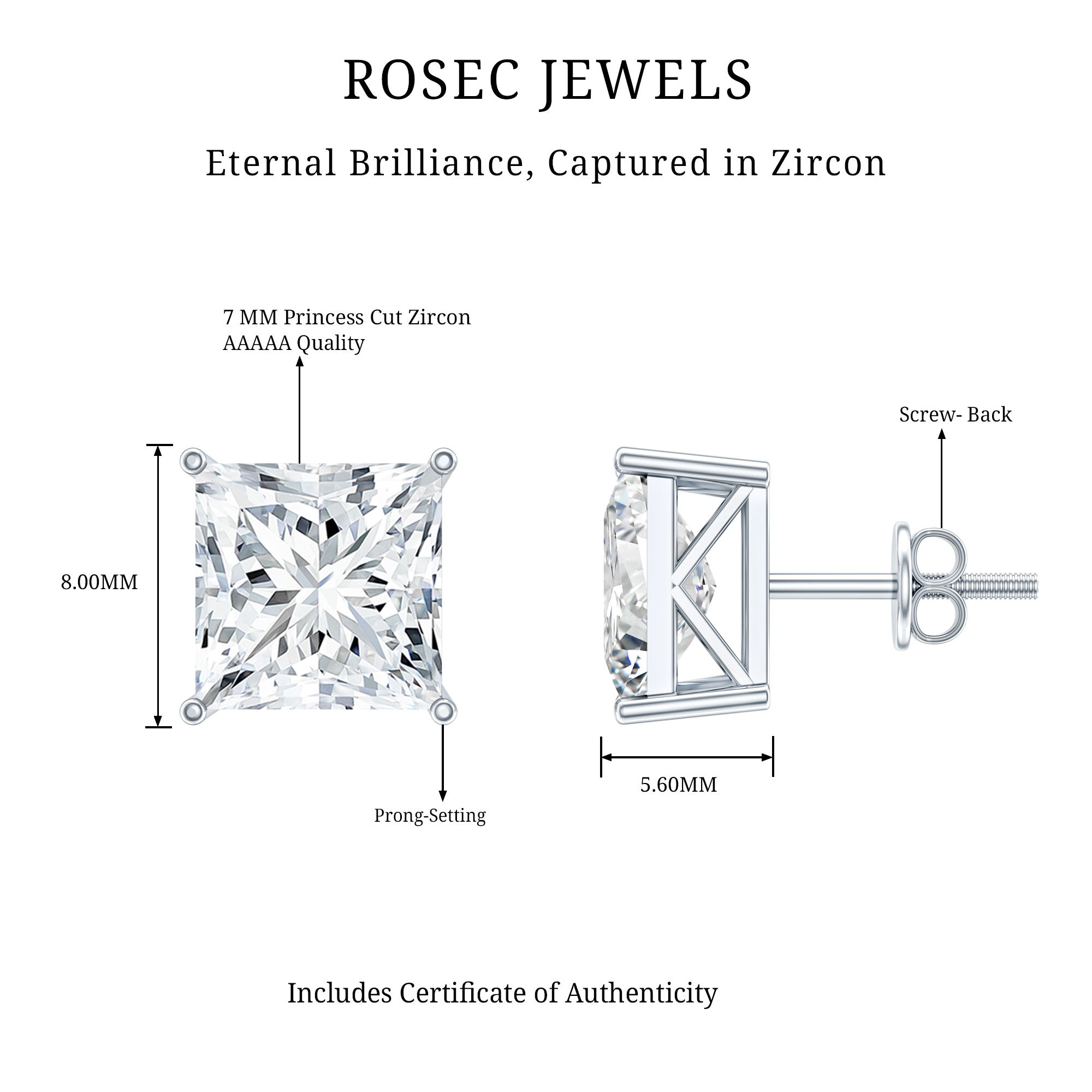 Cubic Zirconia 7 MM Princess Cut Earrings in Silver AAAAA 92.5 Sterling Silver - Rosec Jewels