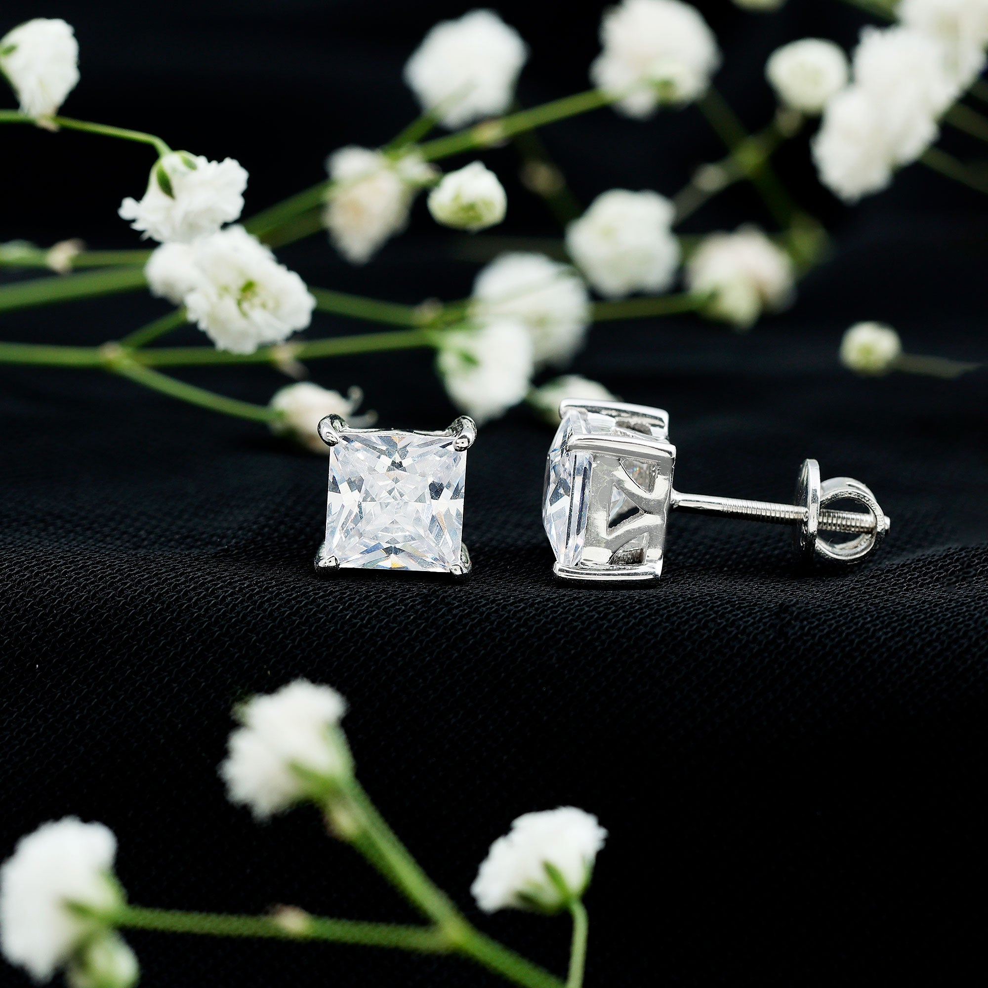 Cubic Zirconia 7 MM Princess Cut Earrings in Silver AAAAA 92.5 Sterling Silver - Rosec Jewels