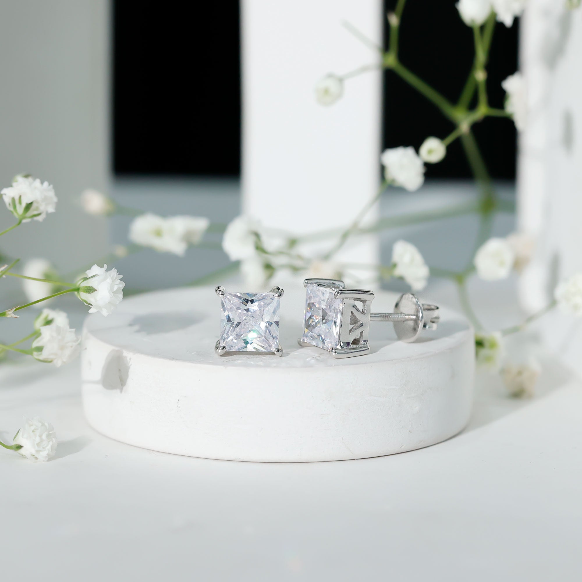 Cubic Zirconia 7 MM Princess Cut Earrings in Silver AAAAA 92.5 Sterling Silver - Rosec Jewels