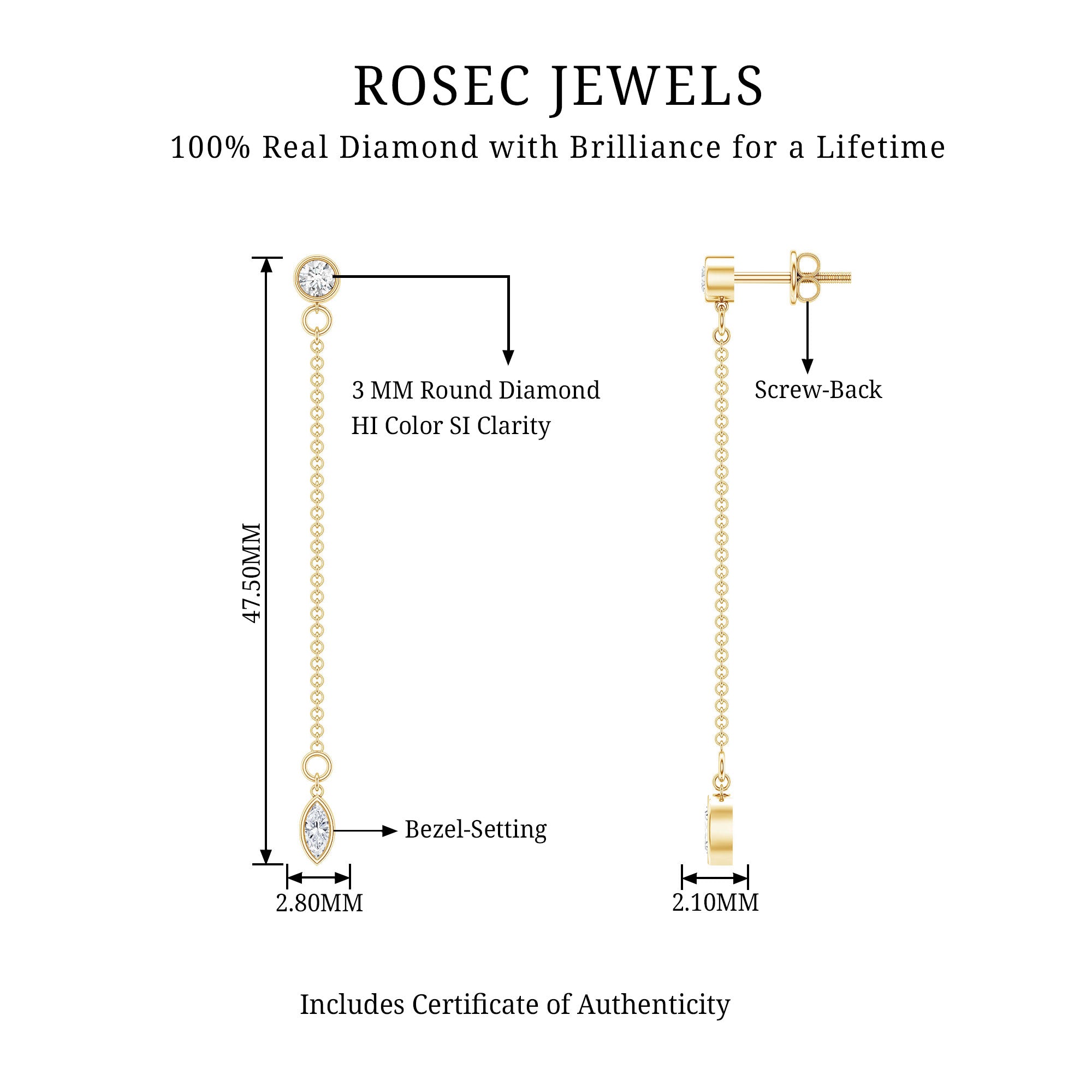 Certified Diamond Dangle Chain Earrings in Bezel Setting Natural - ( HI-SI ) - Rosec Jewels