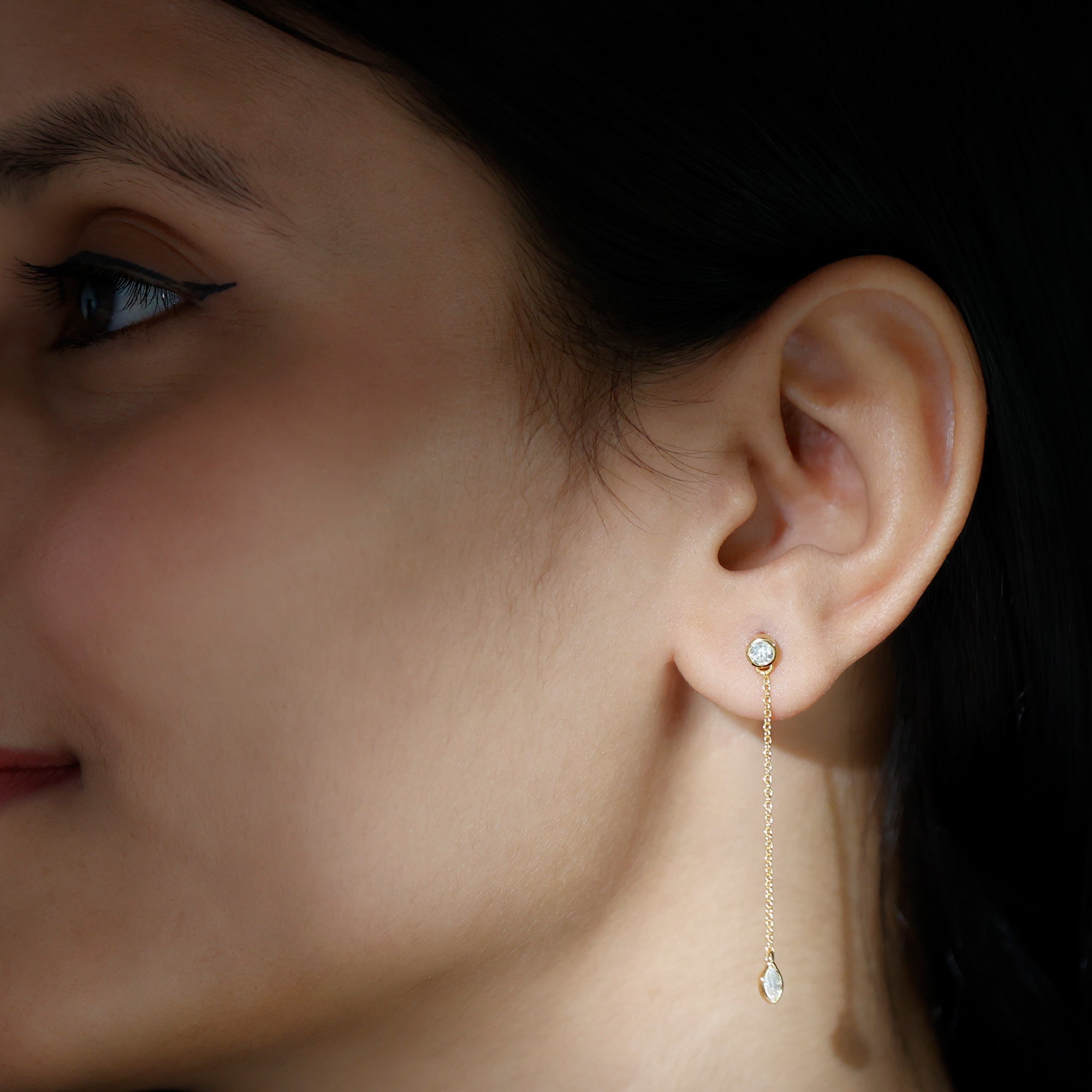 Rosec Jewels-Marquise and Round Diamond Dangle Chain Earrings in Bezel Setting