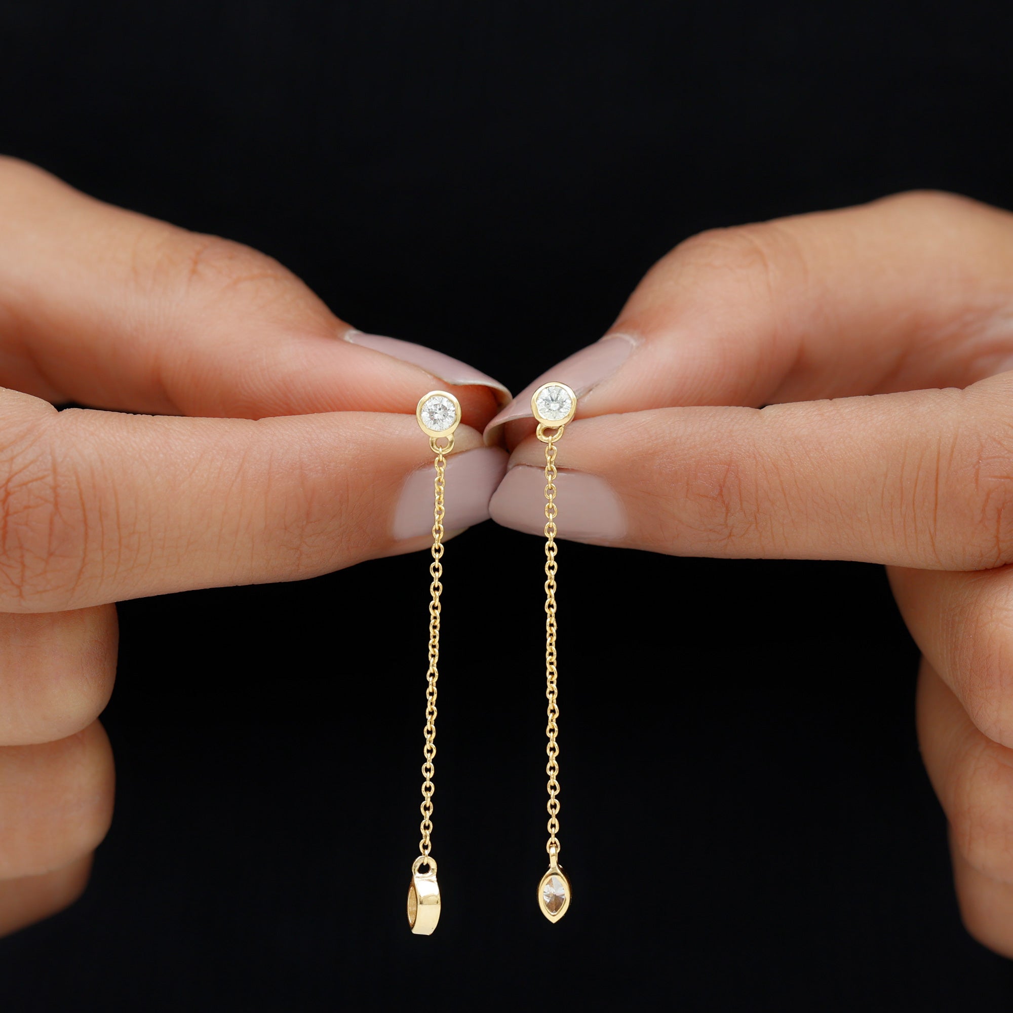 Rosec Jewels-Marquise and Round Diamond Dangle Chain Earrings in Bezel Setting