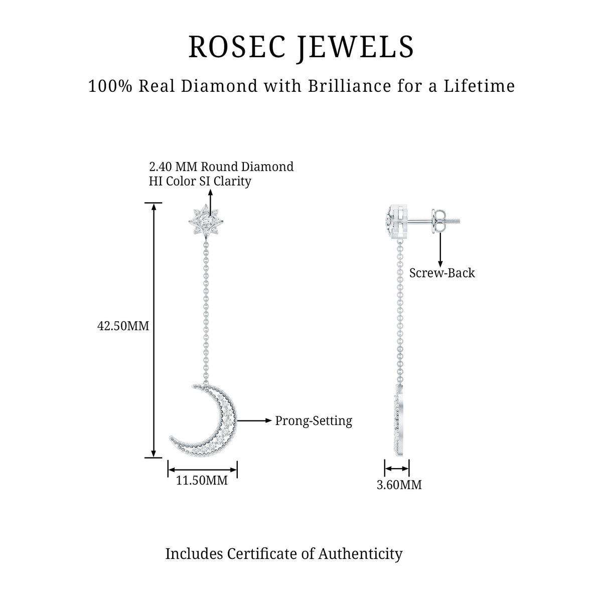 Certified Diamond Star and Moon Chain Earrings Natural - ( HI-SI ) - Rosec Jewels