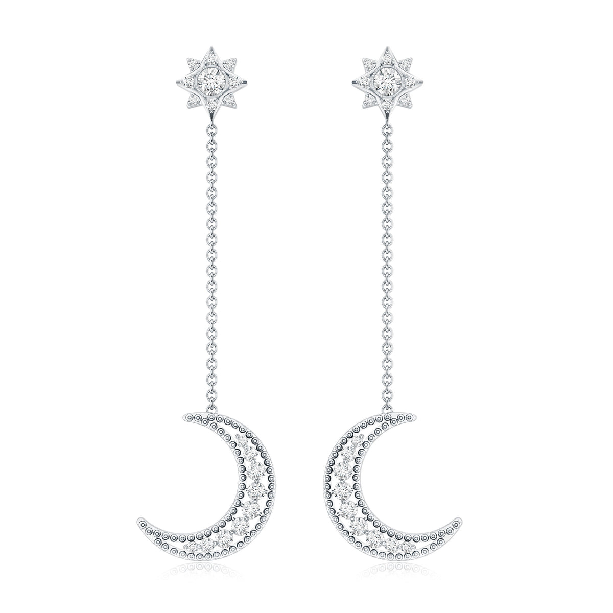 Certified Diamond Star and Moon Chain Earrings Natural - ( HI-SI ) - Rosec Jewels
