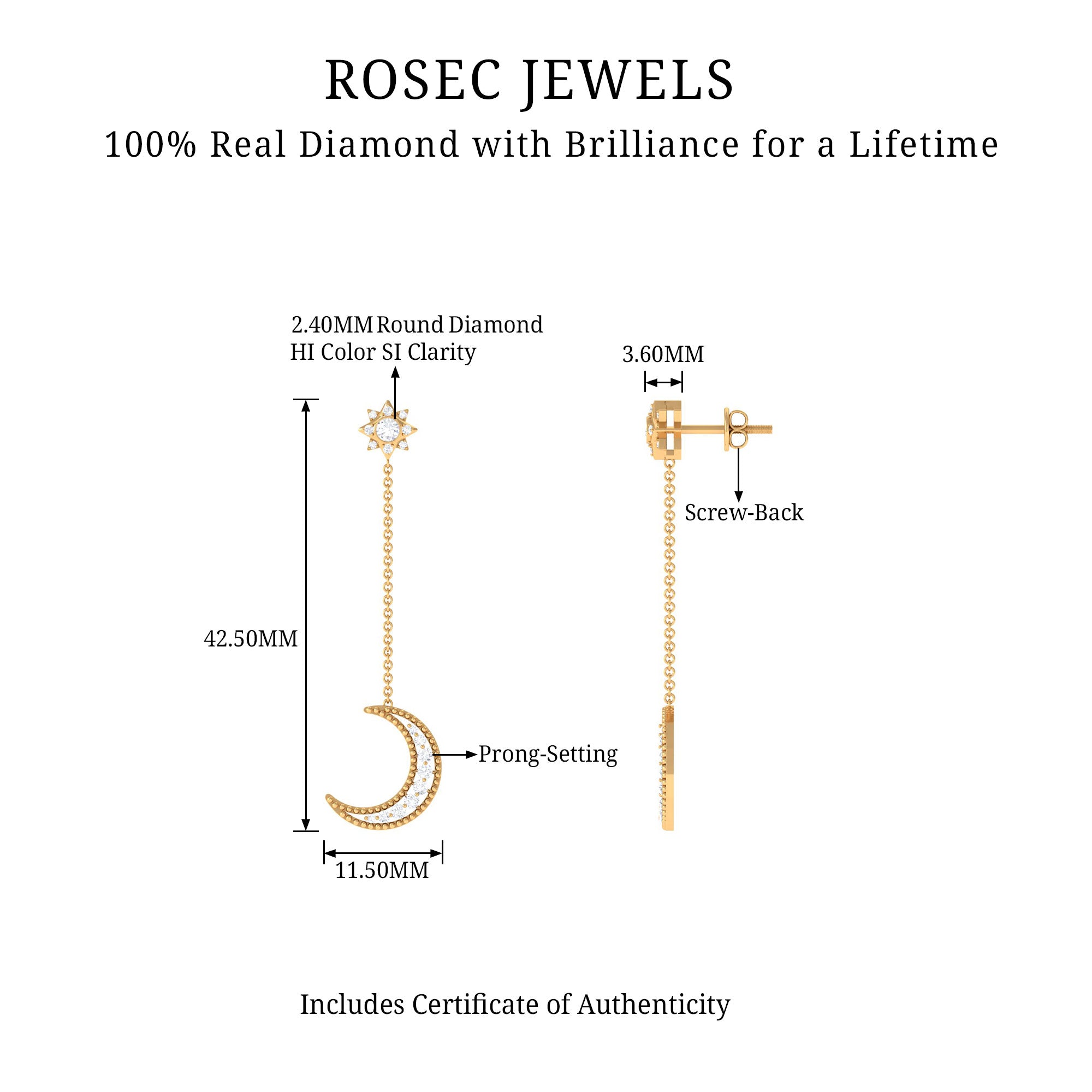 Rosec Jewels-1/2 CT Diamond Star and Moon Drop Chain Earrings