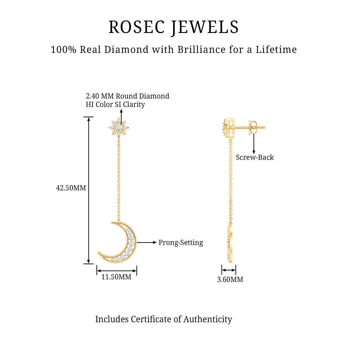 Certified Diamond Star and Moon Chain Earrings Natural - ( HI-SI ) - Rosec Jewels
