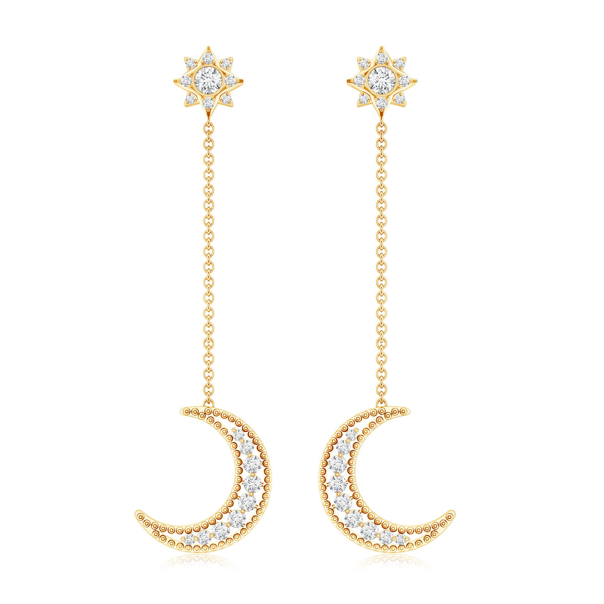 Certified Diamond Star and Moon Chain Earrings Natural - ( HI-SI ) - Rosec Jewels
