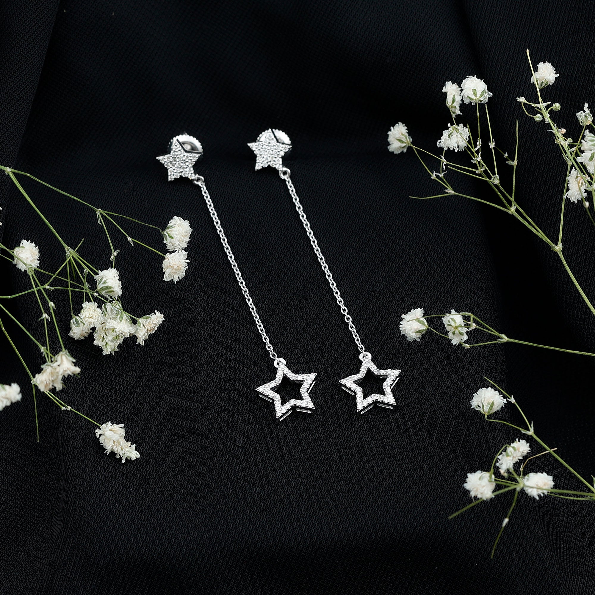 Rosec Jewels-Diamond Star Chain Dangle Earrings