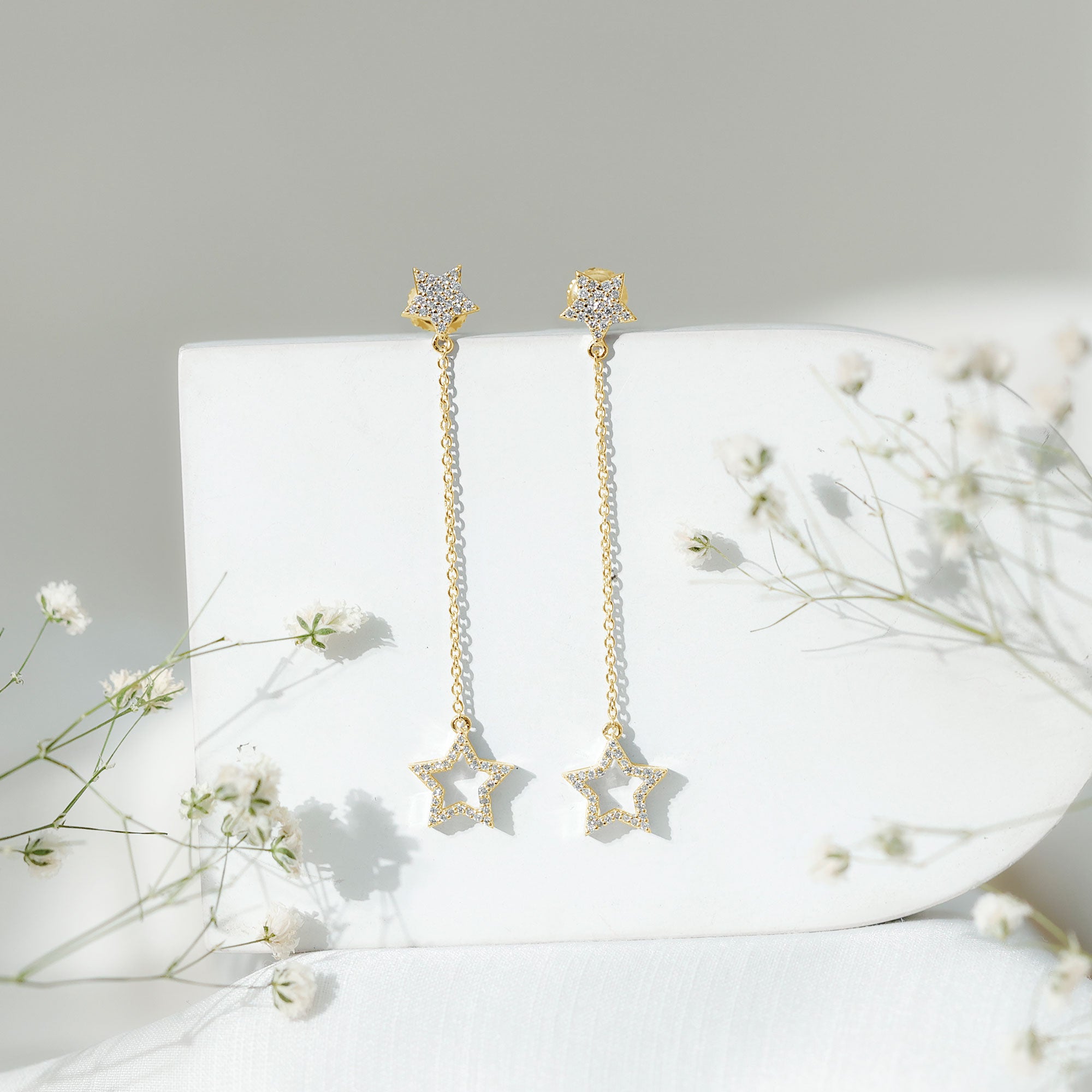 Rosec Jewels-Diamond Star Chain Dangle Earrings